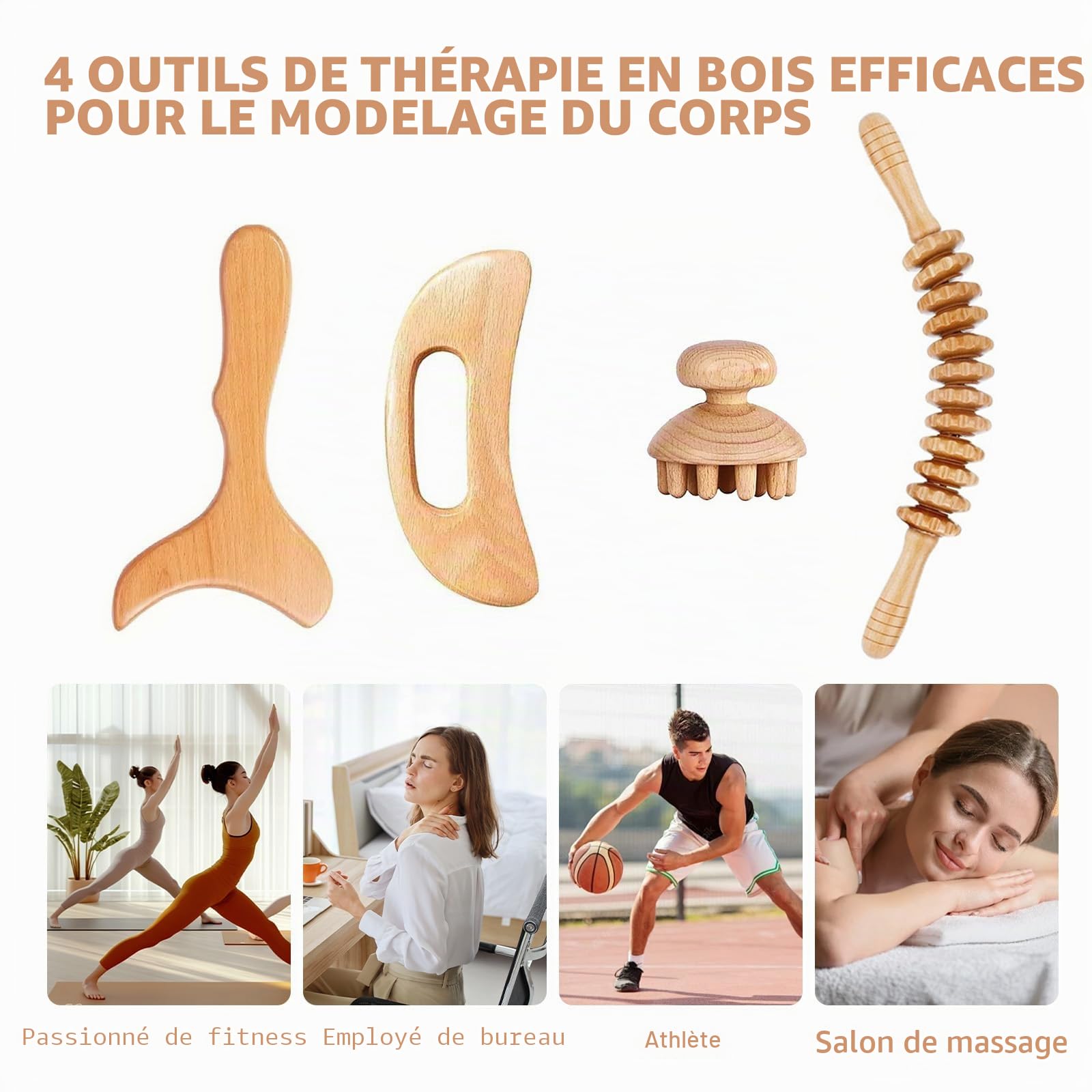 Maderothérapie Kit Complet Cellulite 4 Pieces, Professionnelle Massage Thérapeutique en Bois Brosse a Sec Drainage Lymphatique, Gua Sha, Anti Cellulite pour Soulager la Douleur et Détendre