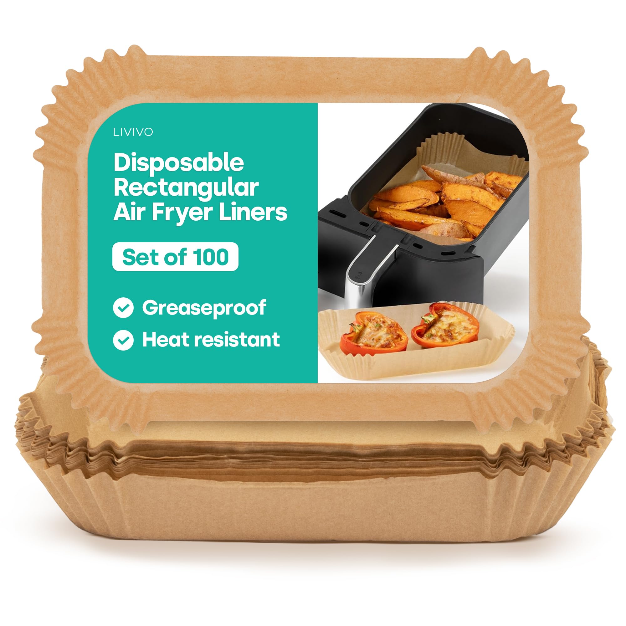 Livivo Disposable Rectangular Air Fryer Liners - Disposable, Greaseproof, Heat Resistant to 220°C, Food Grade LFGB Standard - Pack of 100