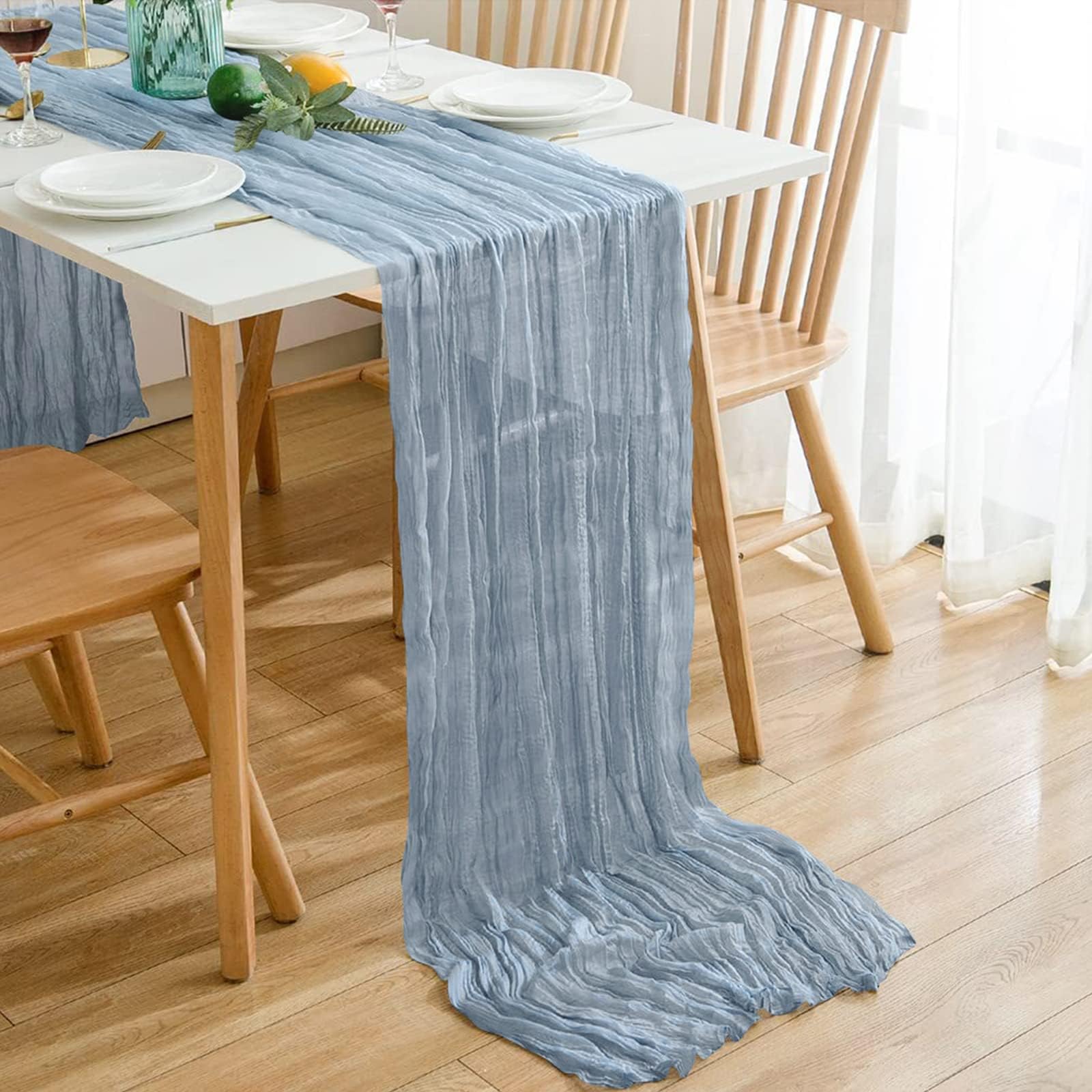 MalitonDusty Blue Cheesecloth Table Runner 13.3ft Baby Blue Table Runner 160 Inches Cheesecloth Table Runner Bulk for Bohemian Wedding Decorations Baby Shower Birthday Party Table Decorations