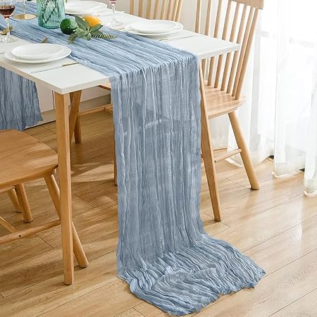 Maliton Dusty Blue Wrinkled Gauze Table Runner Cheesecloth Table Runner Christmas 13.3ft Linen Table Runner Boho Rustic Wedding Table Cloth Extra Long Holiday Sheer Table Decor for Birthday Bridal