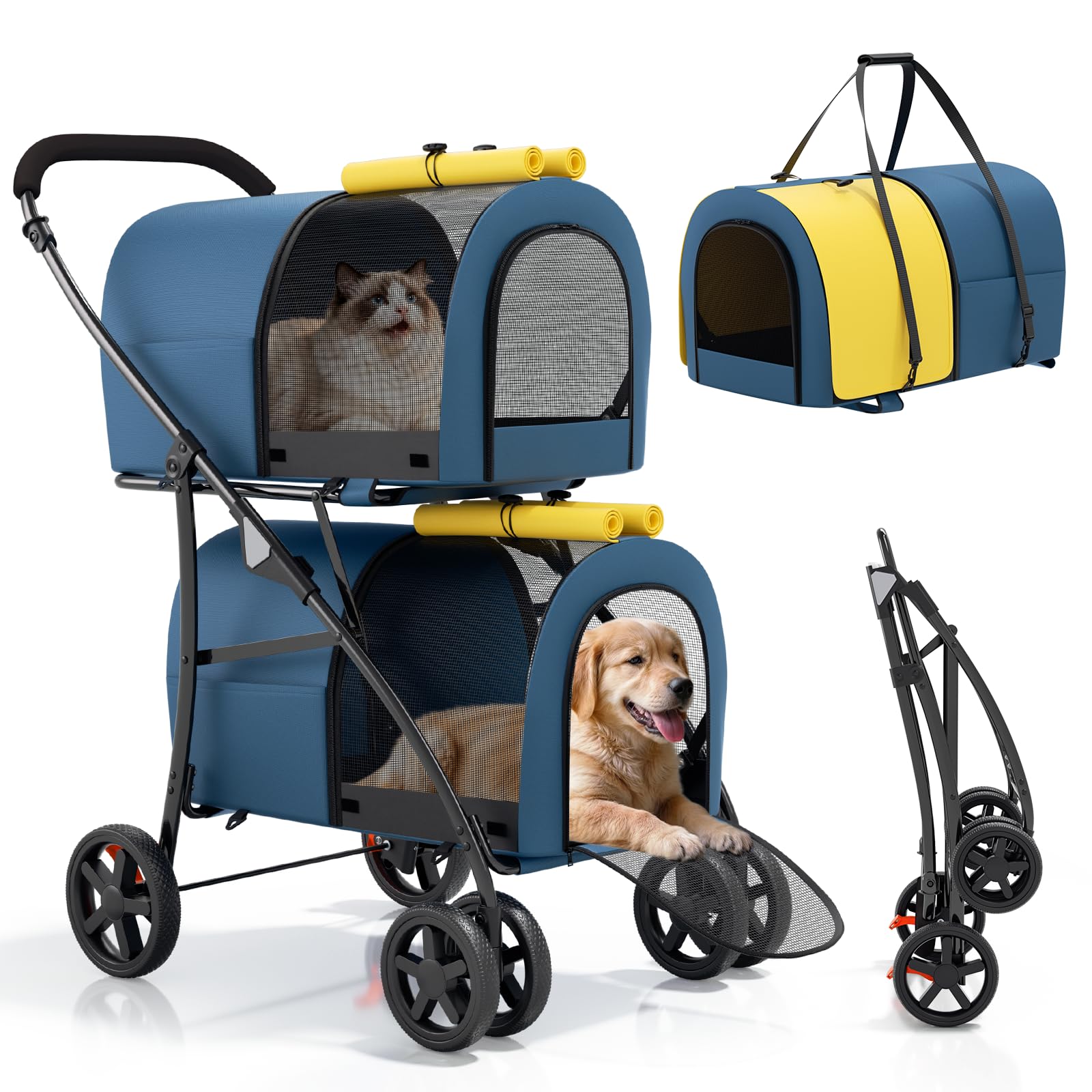 Magshion Double Dog Stroller with 2 Detachable Carrier Bags, 4-Wheel Folding Pet Travel Strolling Cart with Storage Pocket for Small-Medium Dogs &
