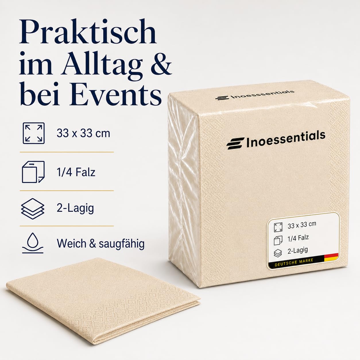 Inoverse Lot de 1000 Serviettes de Table en Papier Unies Beige – 2 Plis, Pliage 1/4, 33 x 33 cm – Serviettes Décoratives pour Mariage, Fête, Restaurant et Gastronomie
