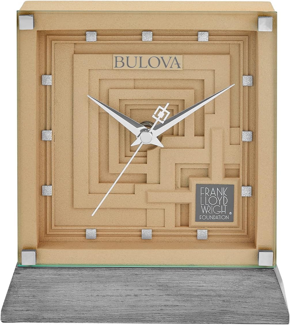 Bulova Ennis Table Clock B7755 | 7″ Frank Lloyd Wright Mayan Revival Resin Case with Washed Ash Base | Silent Sweep Quartz Movement | Battery Operated | Architectural Accent Piece