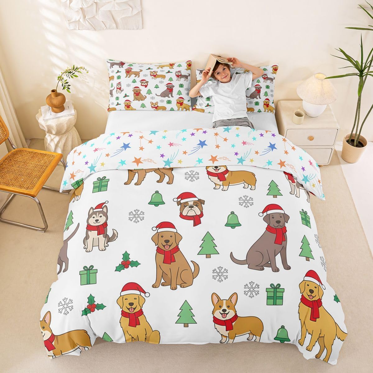 Feelyou Christmas Duvet Cover Full Size Merry Christmas Print Comforter Cover Dog Pattern Bedding Set Puppy Dog Bedspread Cover for Kids Boys Girls 3Pcs