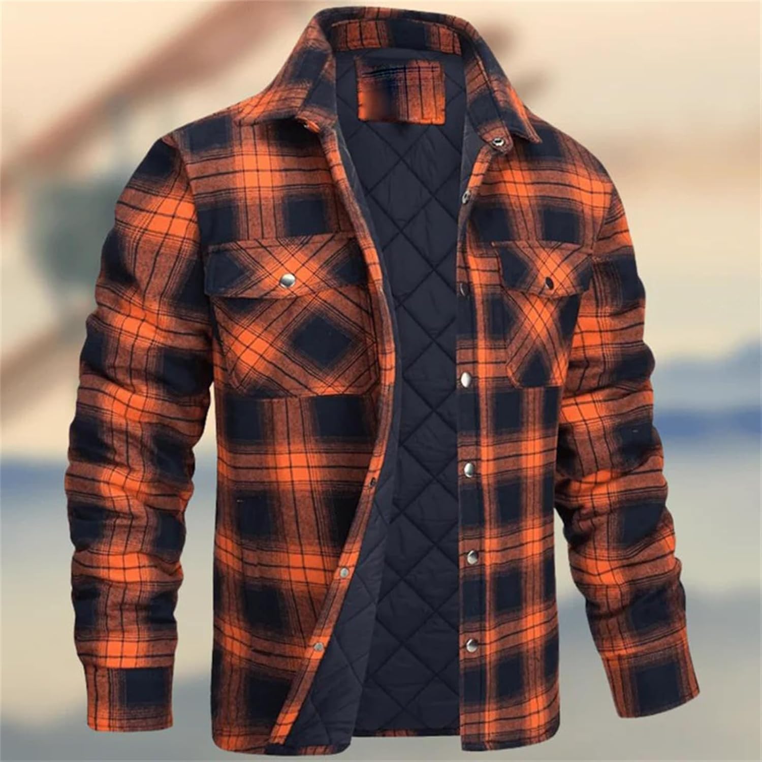 Men's Flannel Shirt Jacket Quilted Lined Long Sleeve Plaid Coat Button Down Thick Outwear Winter Lapel Thickened Shirt