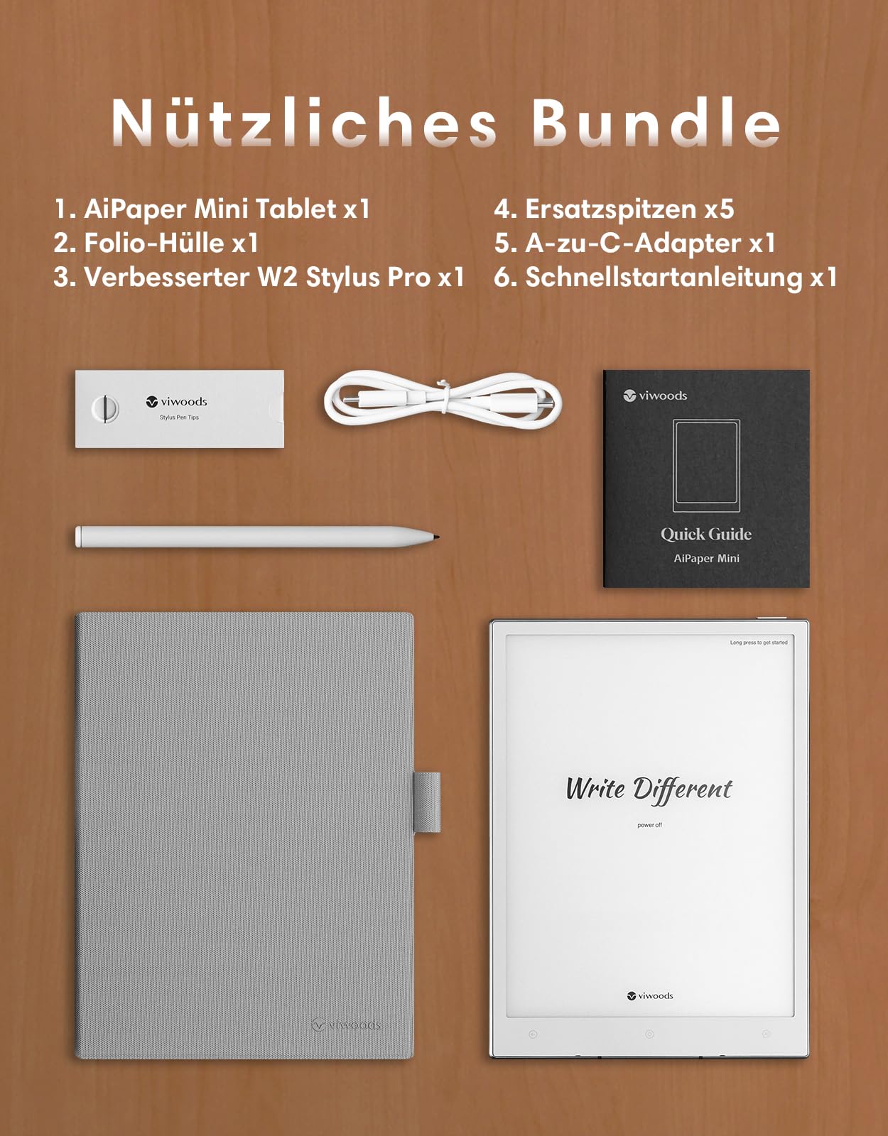 VIWOODS Aufgerüstetes Bundle mit AiPaper Mini, Stylus Pro und 5 Spitzen, 8,2'' AI E-Ink-Tablet mit einstellbarer Beleuchtung, 292 PPI Elektronisches Notizbuch mit Stift, Tragbar 230 g, 128 GB Speicher