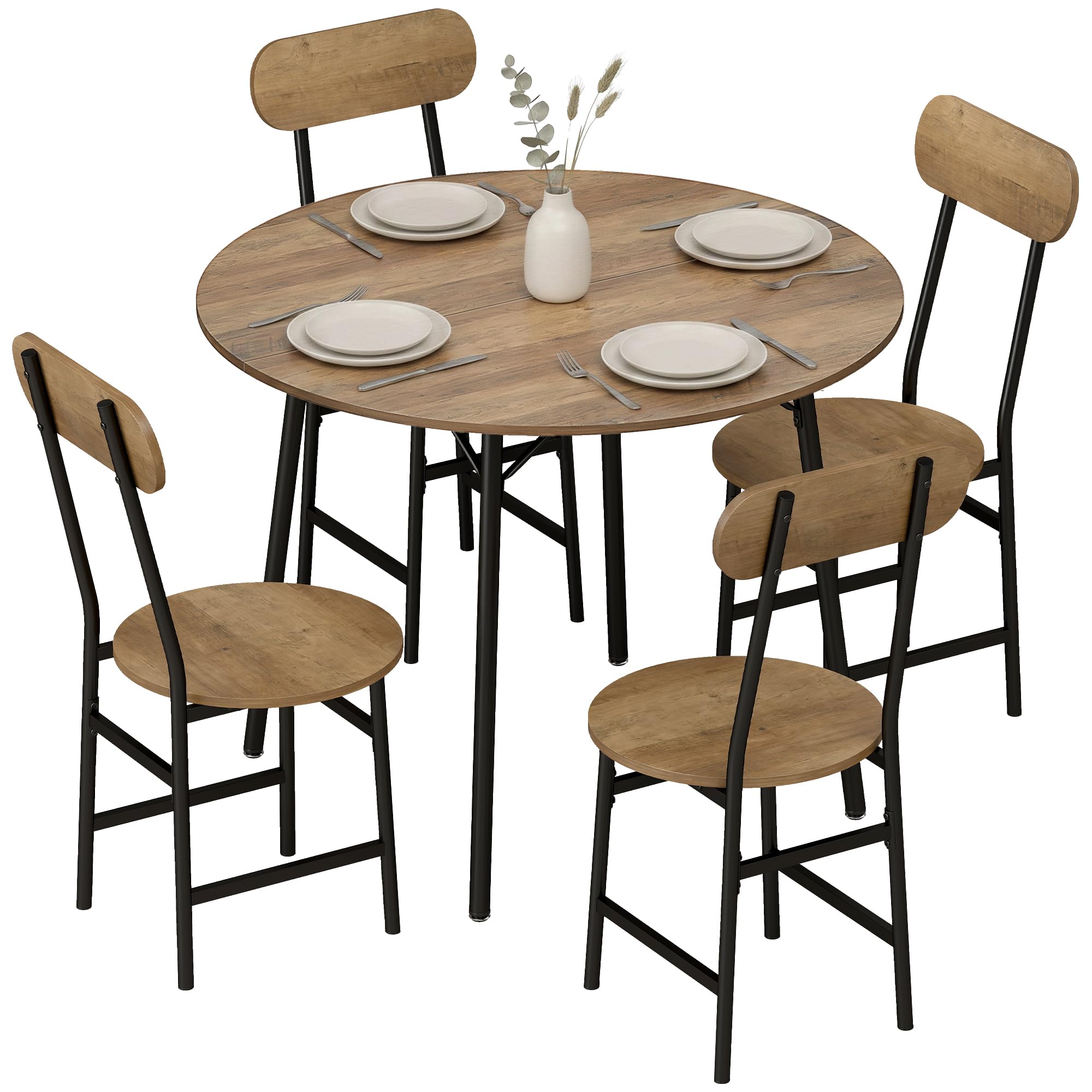 HOMCOM Set Tavolo e Sedie Sala da Pranzo 5 Pezzi, Set da Pranzo per 4 Persone Industriale con Tavolo Cucina Rotondo Effetto Legno e 4 Sedie Salvaspazio, Gambe Metallo, per Soggiorno Cucina Color Legno