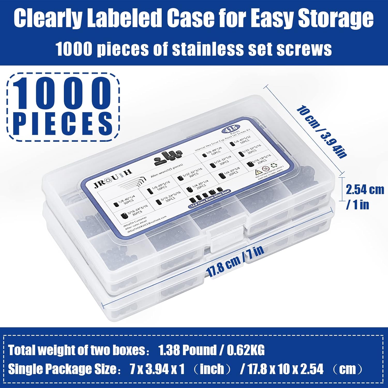 1000pcs Metric + SAE Set Screw Assortment Kit, Internal Hex Drive Cup-Point Allen Screws Set 12.9 Class Alloy Steel Grub Screw (M3-M8, 1/8"-40 to 5/16"-18)