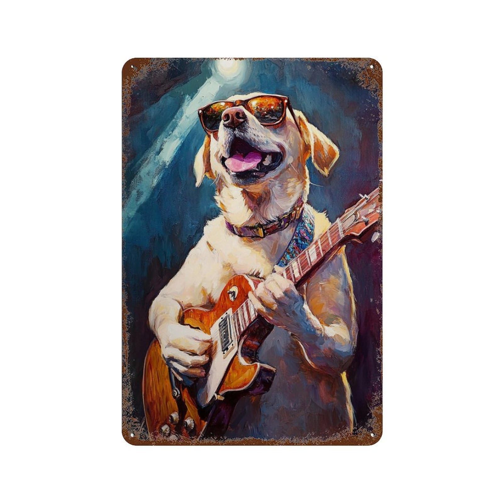 Dog Playing Guitar Art Print -4 Rustic Tin Plaque 11.8"x7.9", for Pub, Kitchen And Man Cave Decor, Vintage Wall Decor
