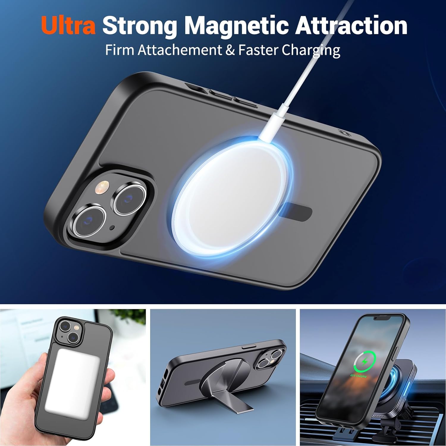 SUPFINE Magnetic for iPhone 15 Plus Case & iPhone 14 Plus Case(Compatible with MagSafe)(Military Grade Drop Protection) Translucent Shockproof Phone Cover,Black