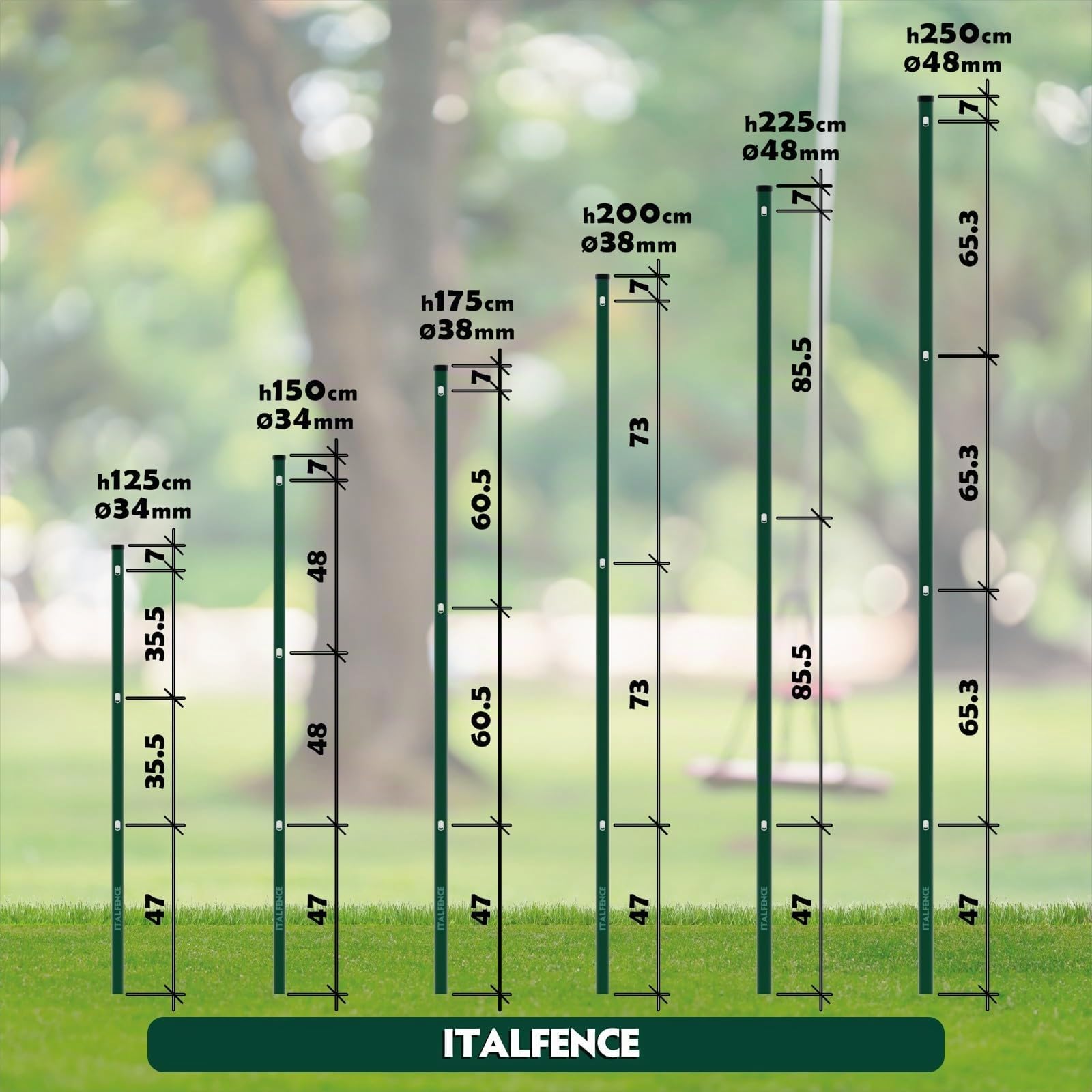Lot de 5 piquets ronds pour clôture en fer plastifié vert [H125cm, Ø34mm]