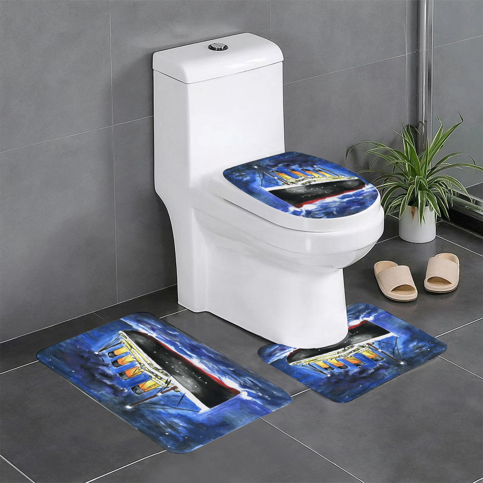 Set di 3 tappetini da Bagno, Lavabili in Lavatrice e Antiscivolo, tappetini in Morbida Fibra Superfine. Questo è Lo Schizzo di Una Nave. Illustrazione a Colori Adatta ai Bambini.