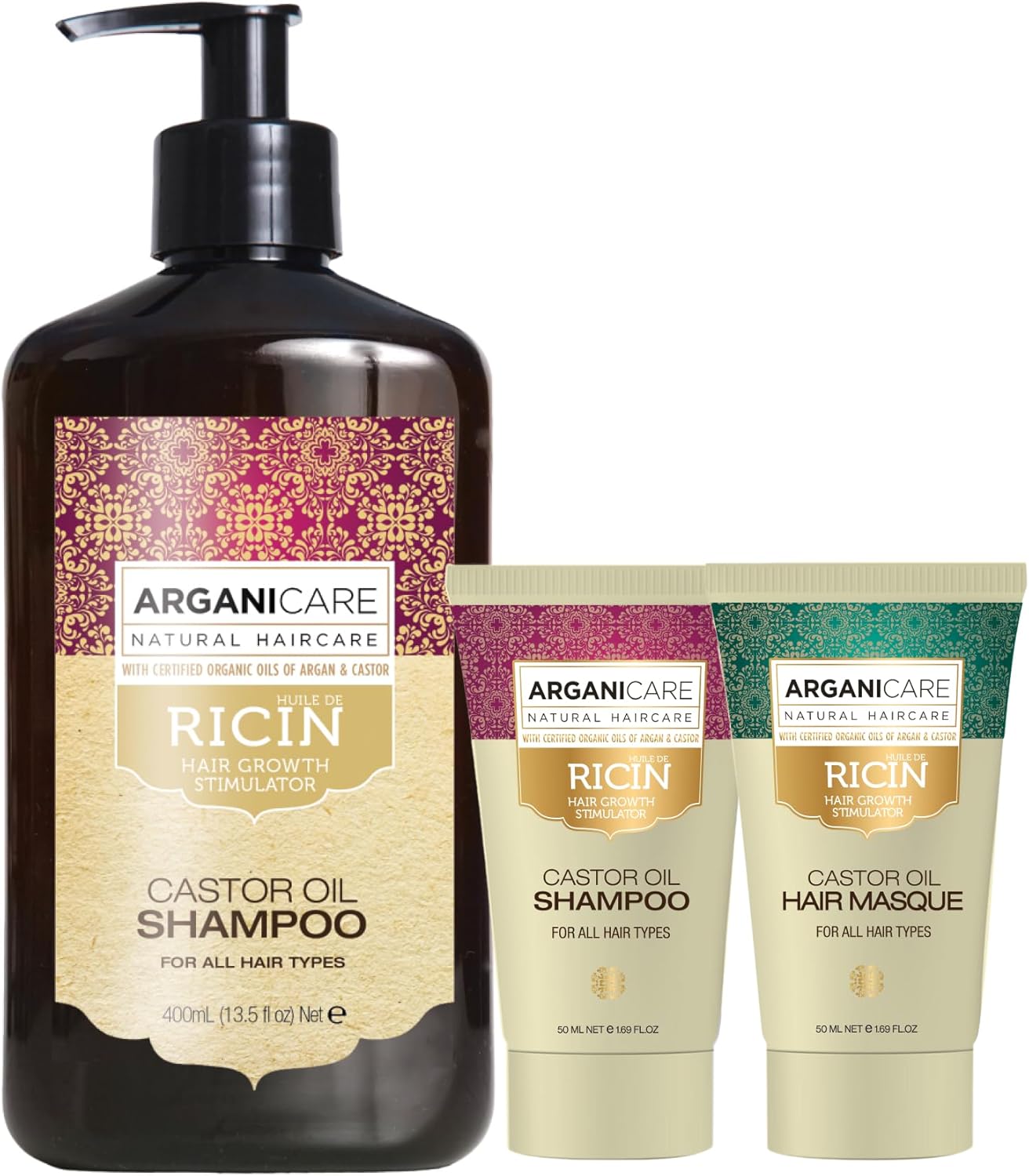 ARGANICARE | Ricinusserie | Groeiversneller Shampoo 400 ml + shampoo 50 ml + masker 50 ml | Met biologische ricinusolie | Haarverzorging | Versterkt | Hydrateert | Alle haartypes