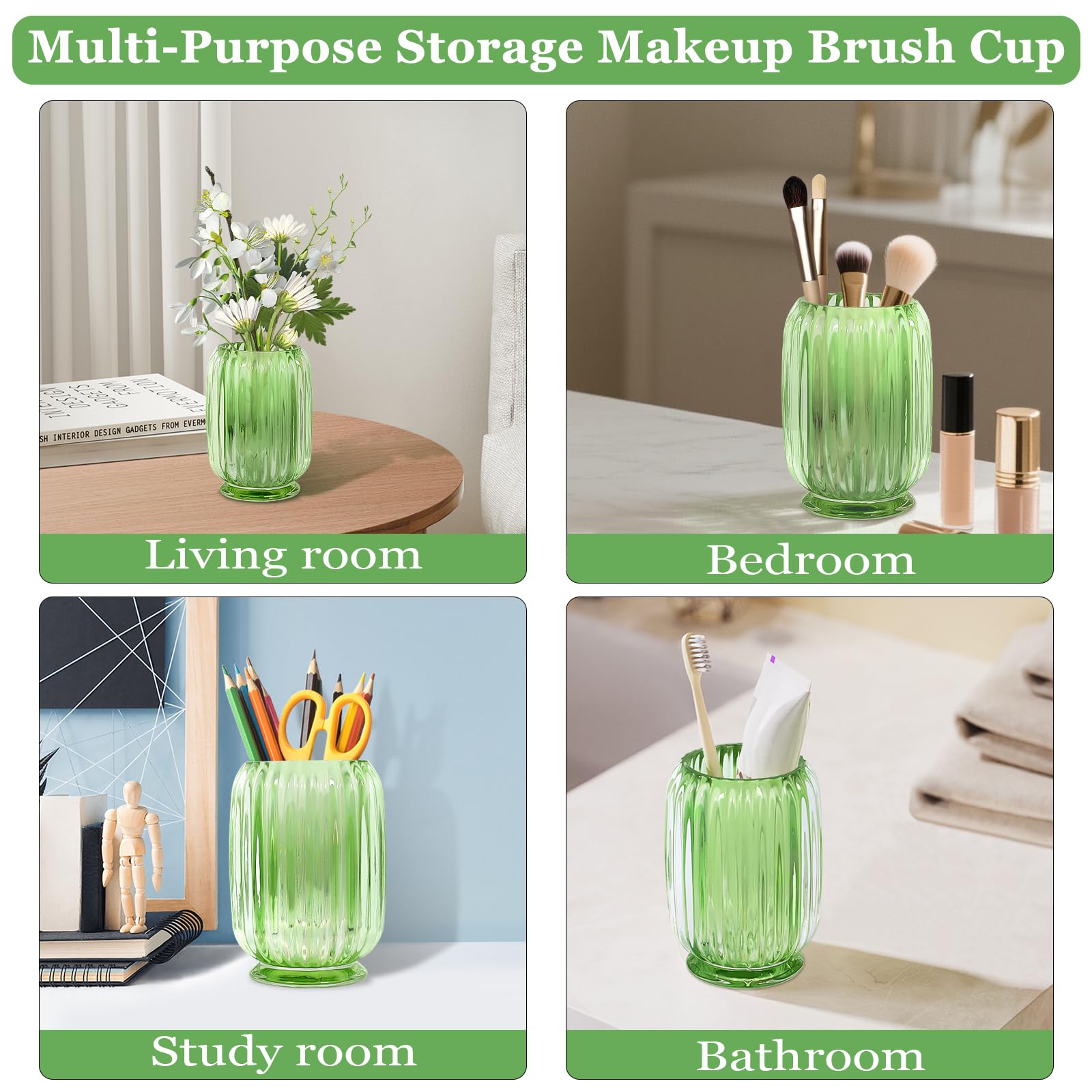 Porta pennelli da trucco, tazza organizer per pennelli da trucco in vetro spesso, altezza 12,2 cm, per pennelli da trucco per pennelli da trucco, organizer per brochas de maquillaje verde cristallo