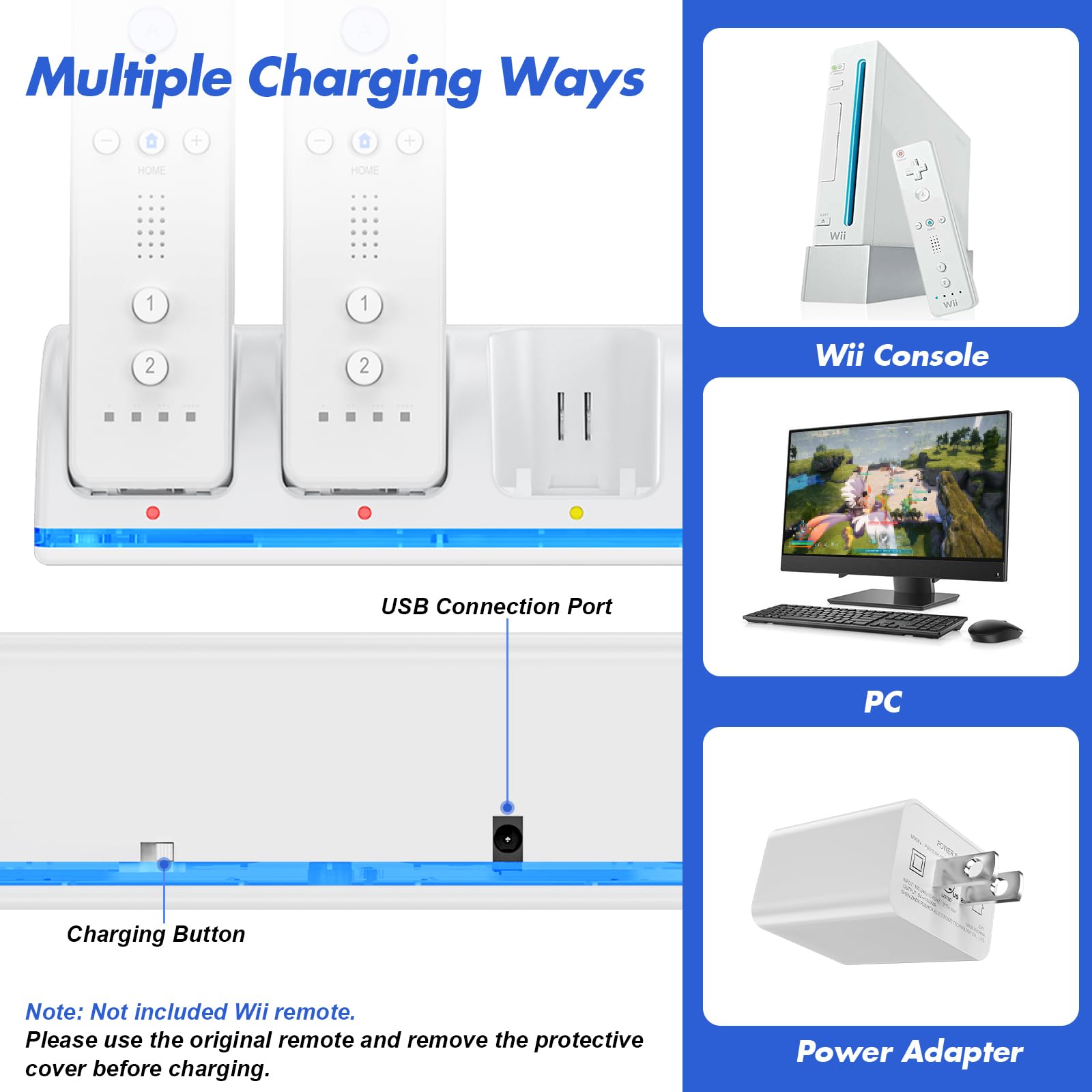 KEKUCULL Stazione di ricarica per Wii/Wii U con 4 batterie ricaricabili da 2800 mAh, stazione di ricarica controller per controller Wii, telecomandi non inclusi