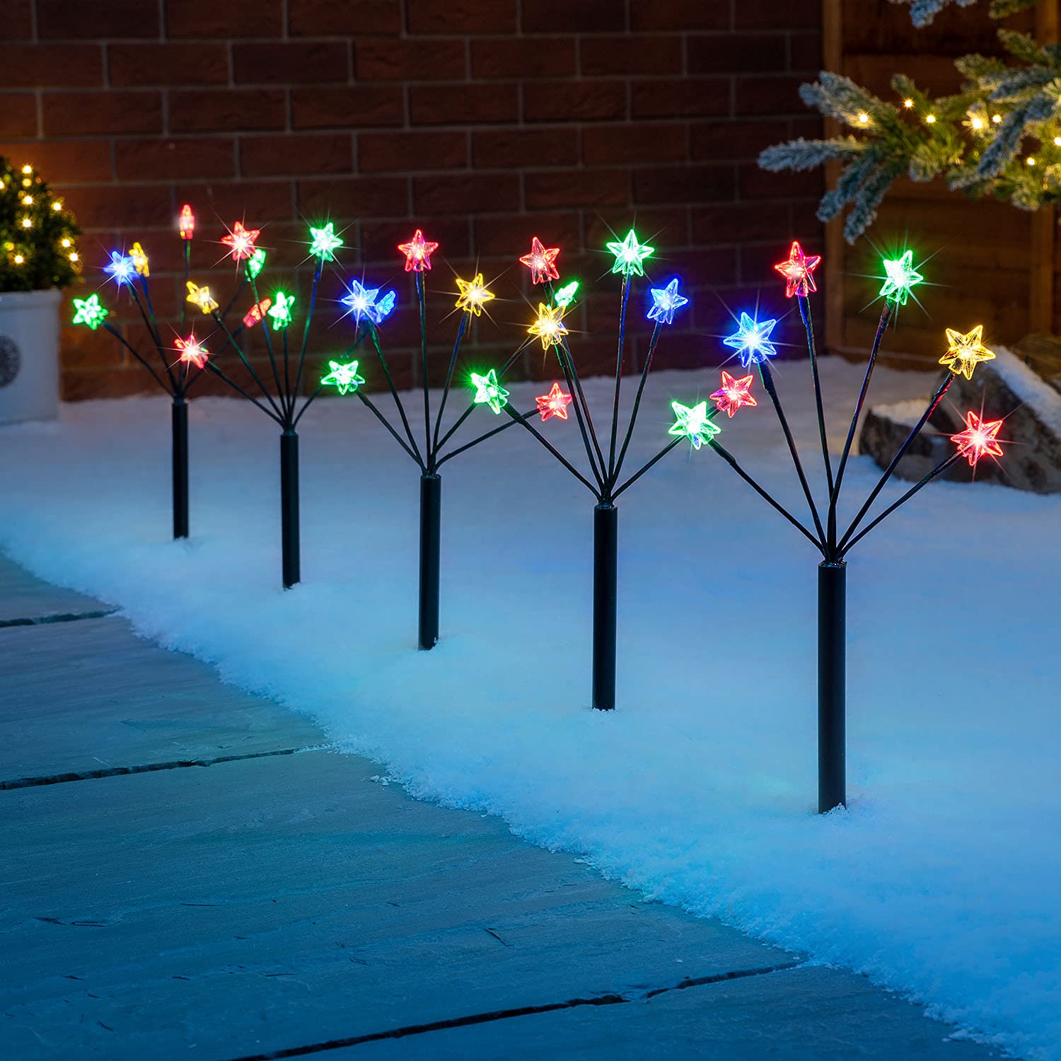 Christow Star Branch Path Lights, Outdoor Christmas Stake Pathway Decorations, Multi Coloured LED, Battery Operated with Timer (Set of 5 x 45cm)