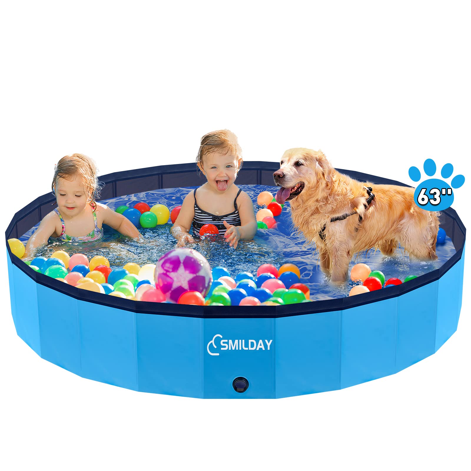 Dog Pool, SmilDay Foldable Portable Swimming Pool, Hard Plastic Bathing Tub for Pets Dogs and Cats, Slip-Resistant Kiddie Pool for Backyard (Blue 63''D× 12''H)
