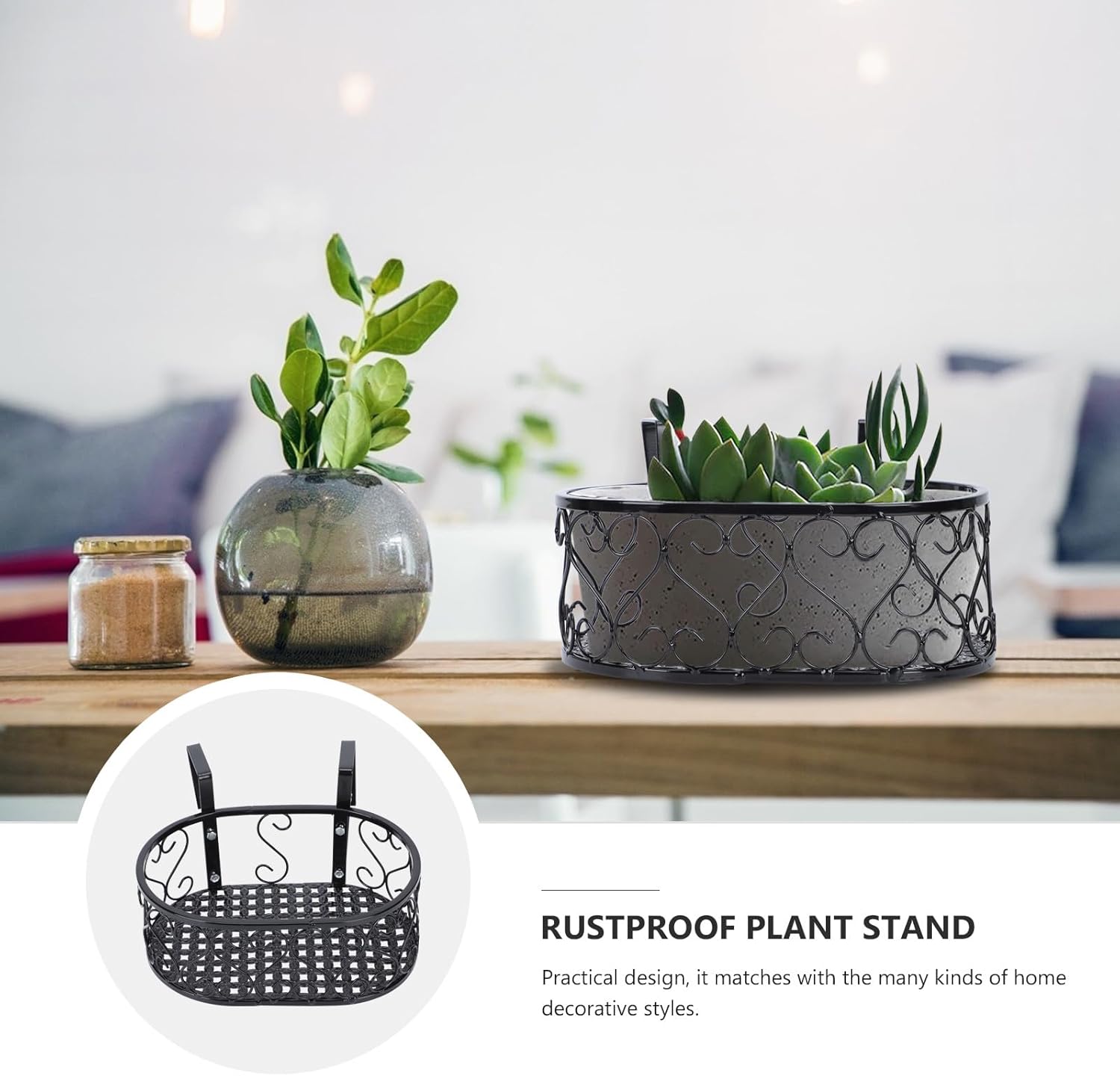 VANZACK Ironwork Hanging Plant Rack with 2 Hooks, Wall-mounted Rustproof Flowerpot Stand for Indoor Balcony Railing, 30x20x12cm Decorative Bonsai Holder