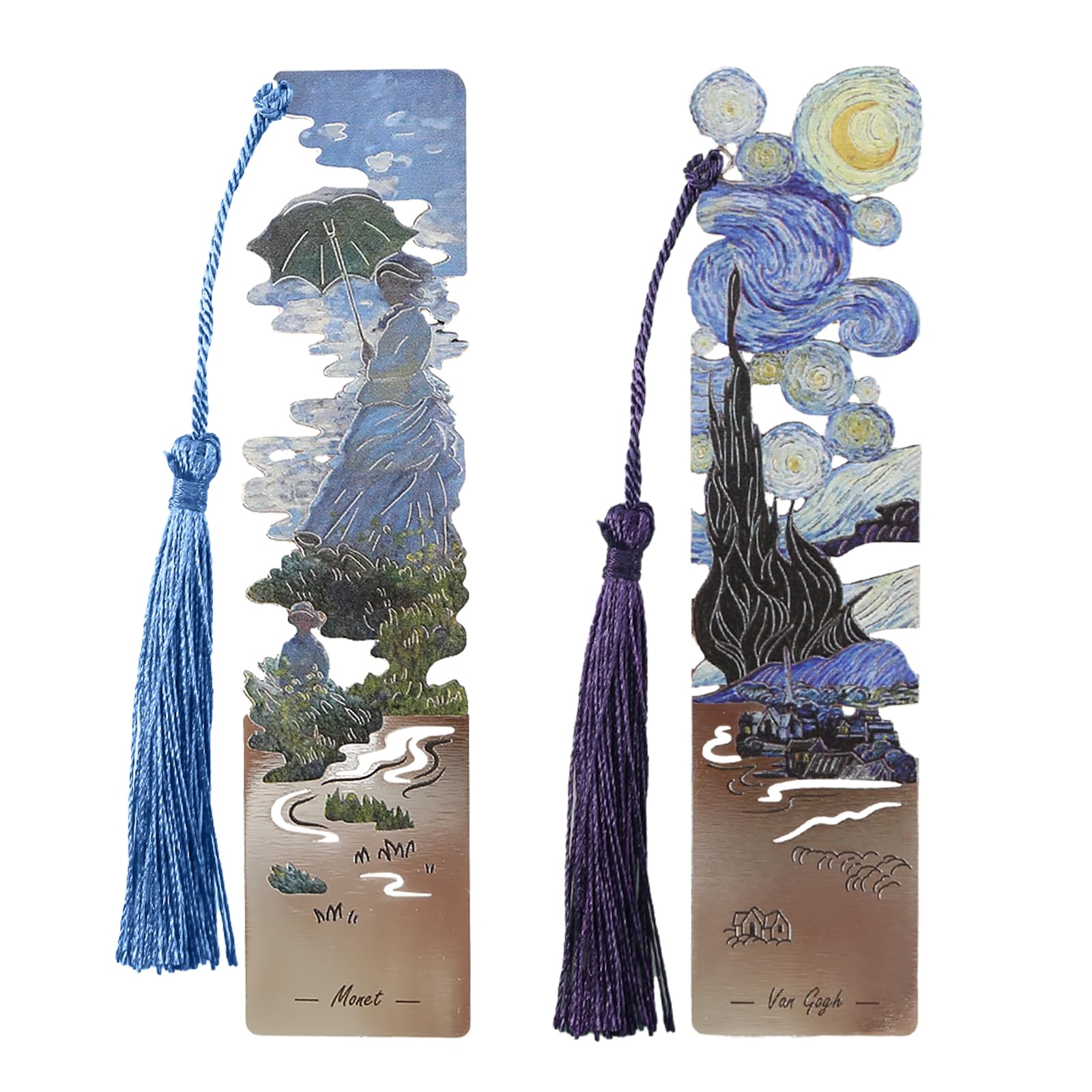 Sgbvzbd 2 PCS Metal Bookmarks with Tassel, Starry Night Over The Rhone and Woman with a Parasol, Silver