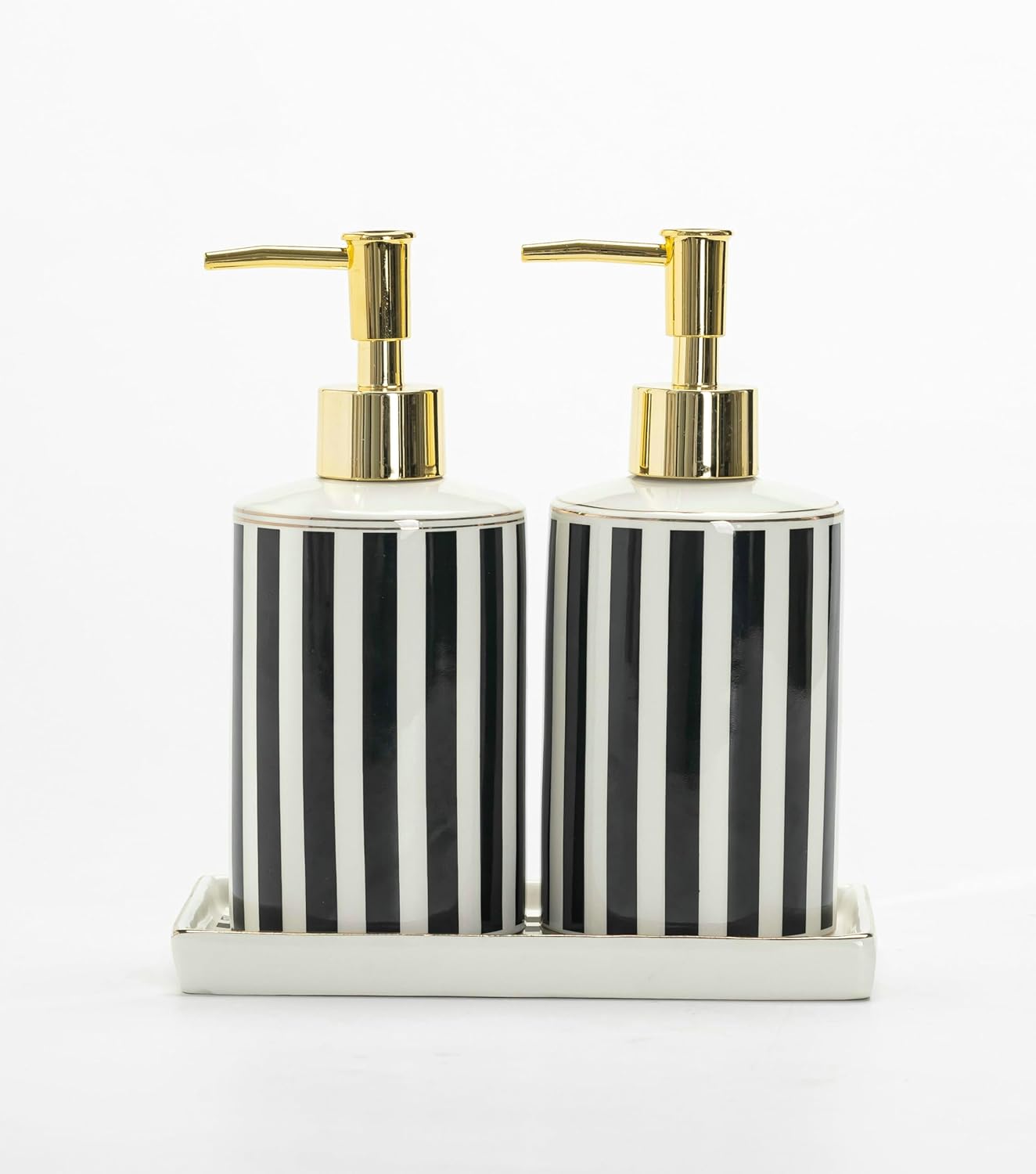 Luxury Black & White Ceramic Soap Dispenser Set with Gold Pump – 3-Piece Bathroom & Kitchen Accessories Set with Tray, Refillable Lotion & Dish Soap Pump Bottles, Elegant Modern Home Décor Luxury Black & White Ceramic Soap Dispenser Set with Gold Pump – 3-Piece Bathroom & Kitchen Accessories Set with Tray, Refillable Lotion & Dish Soap Pump Bottles, Elegant Modern Home Décor