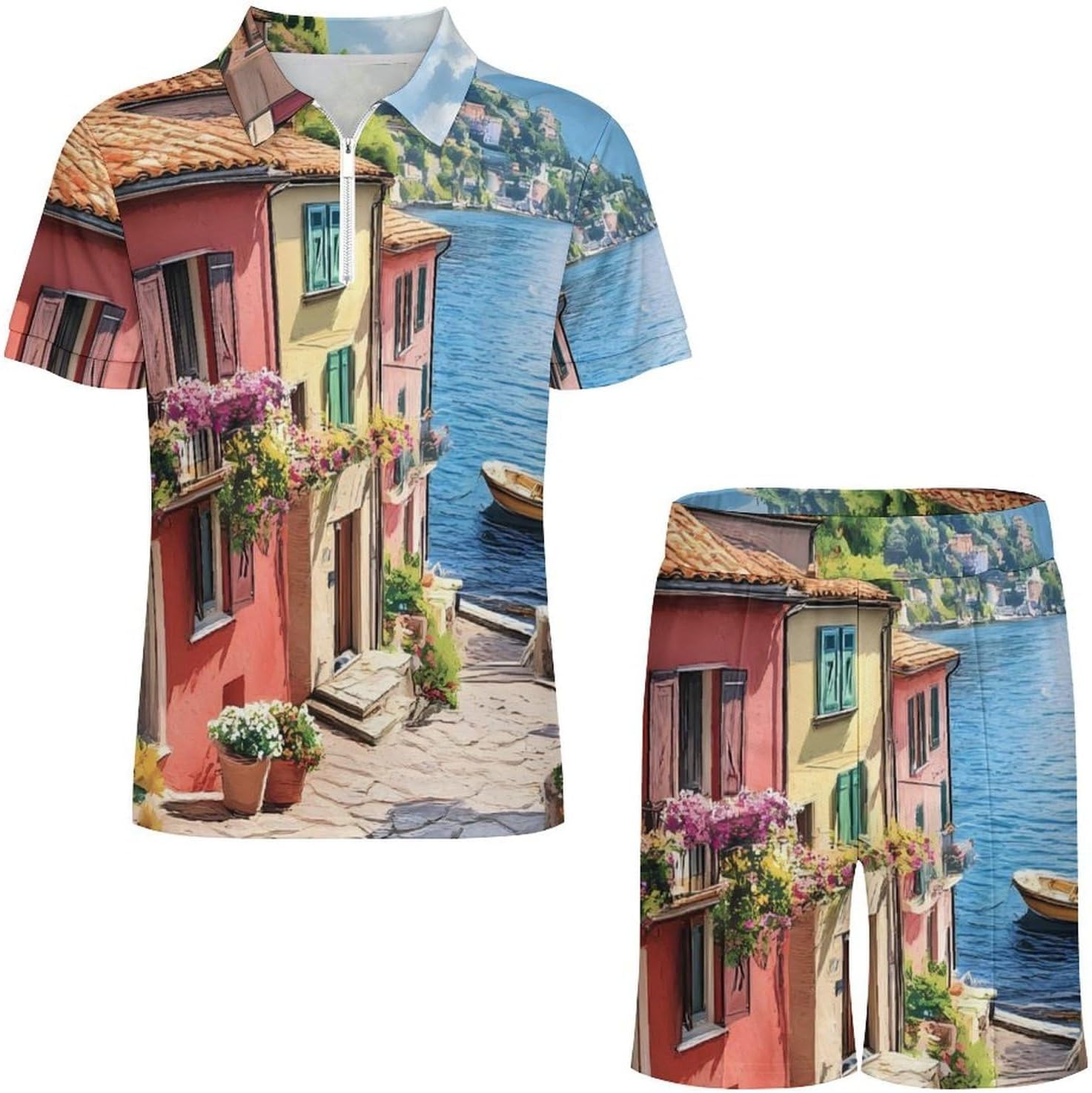 Coastal City Seaside Town Mens Polo Shirts Track Suits 2 Piece Short Sleeve Sweatsuit 1/4 Zip Golf Loungewear for Sports