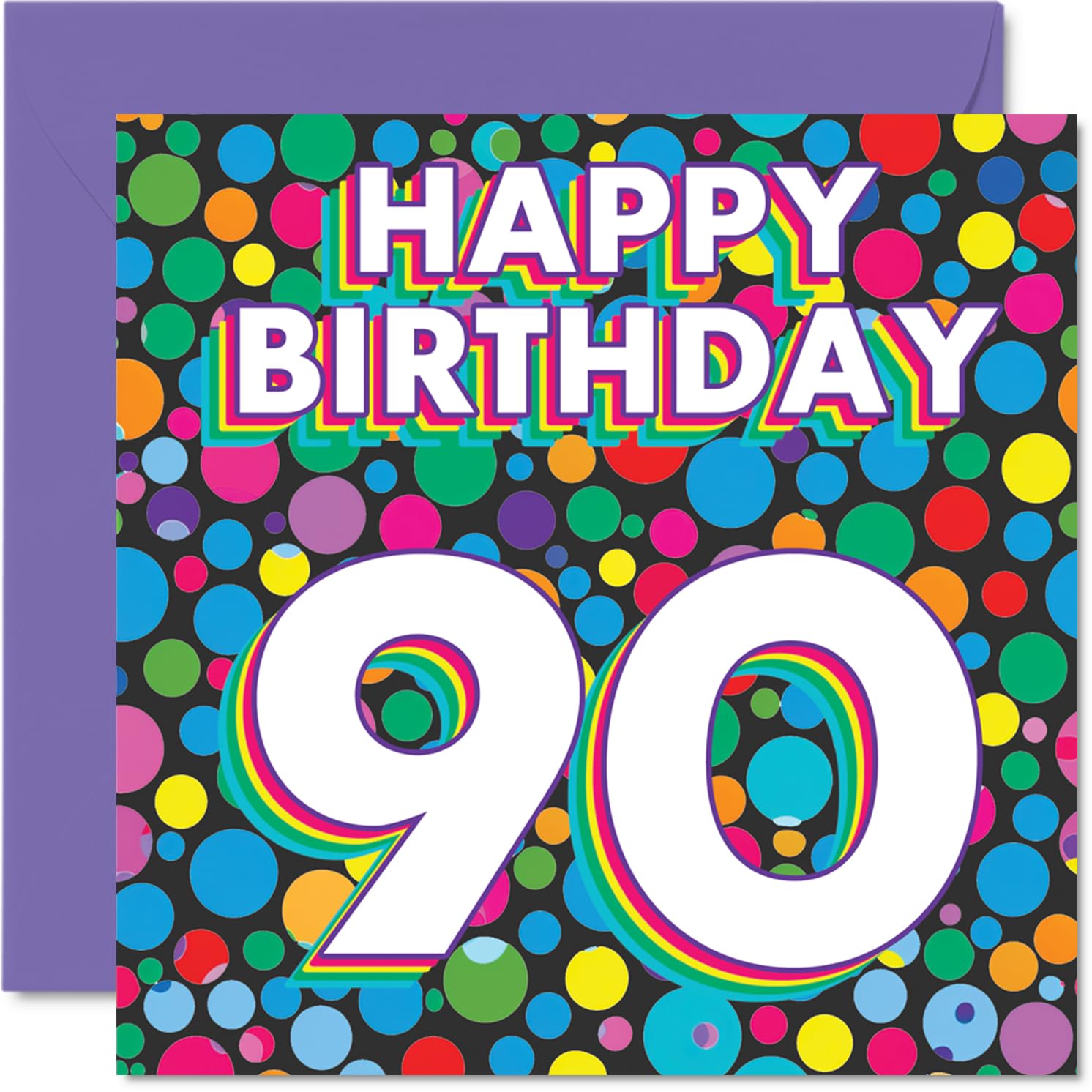 90th Birthday Cards for Men Women - Funky Rainbow Dots - Happy Birthday Card for 90 Year Old Man Woman Nan Auntie Nanny Dad, 145mm Bday Greeting Cards