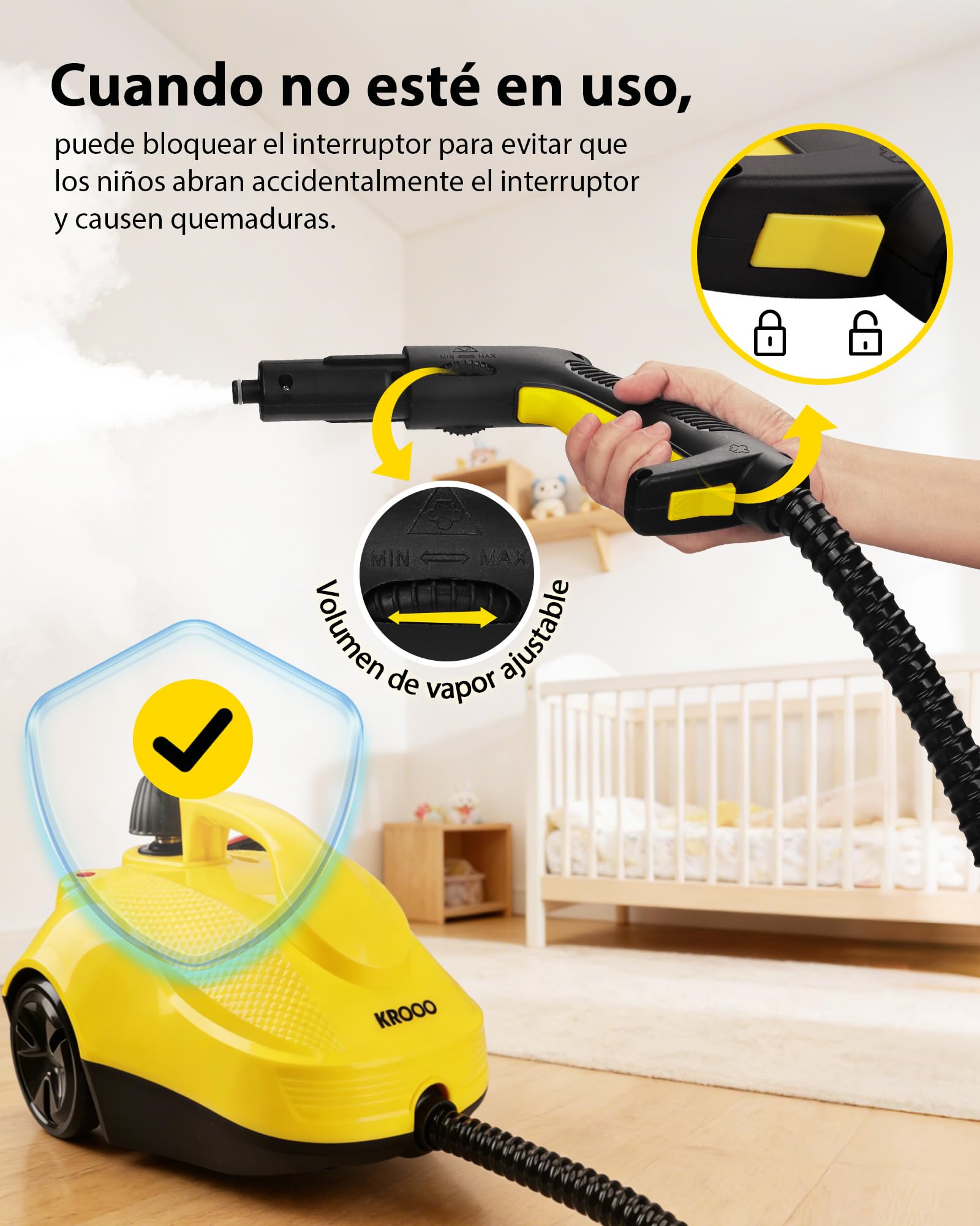 Limpiador a Vapor KROQO 1500W, 24 accesorios, cable 5m; mopa a vapor sin químicos, ideal para campanas extractoras, cocinas, juntas de azulejos, sofás, cortinas y más.