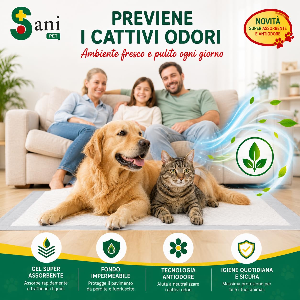 SANI PET Traverse Assorbenti 60x90 cm 100 Pezzi | Tappetini Igienici per Cani e Gatti | Adesivi Extra Lunghi | Antiodore | Fondo Impermeabile