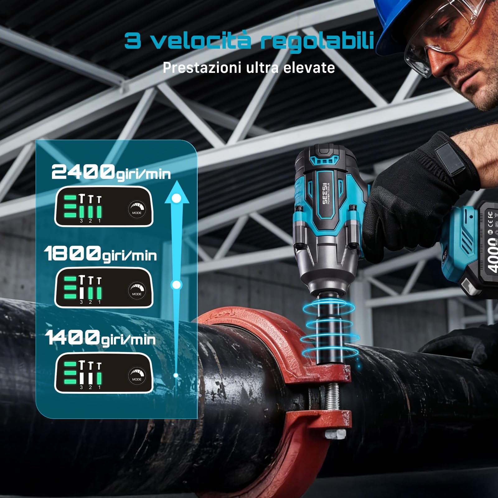 Seesii 1200 N·m Avvitatore a Impulsi 1/2", avvitatore a impulsi elettrico brushless ad 2 batterie 4000 mAh con caricatore rapido, pistola a impulsi con 5 bussole, per auto, camion, officina, garage