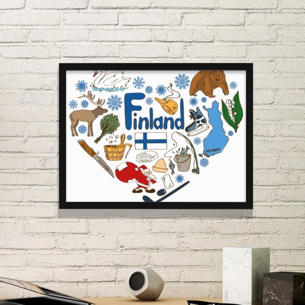 Cadre photo Finlande noir avec illustration drapeau national et paysage