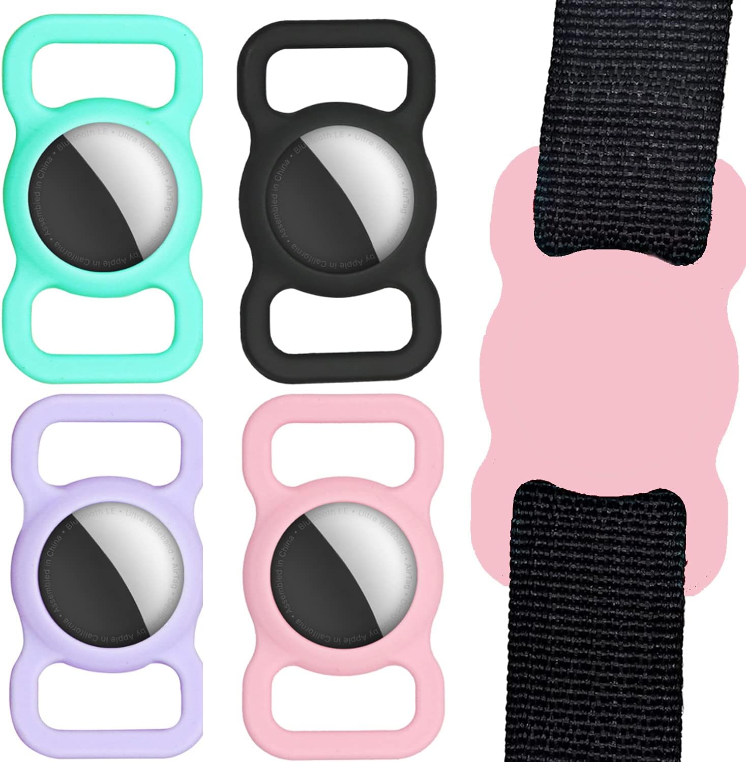 Air tag Holder for Dog Collar Compatible for Apple Airtag Case Cover [4 Pack] for Pet Dog Collar Bag - Pink Blue Purple Black