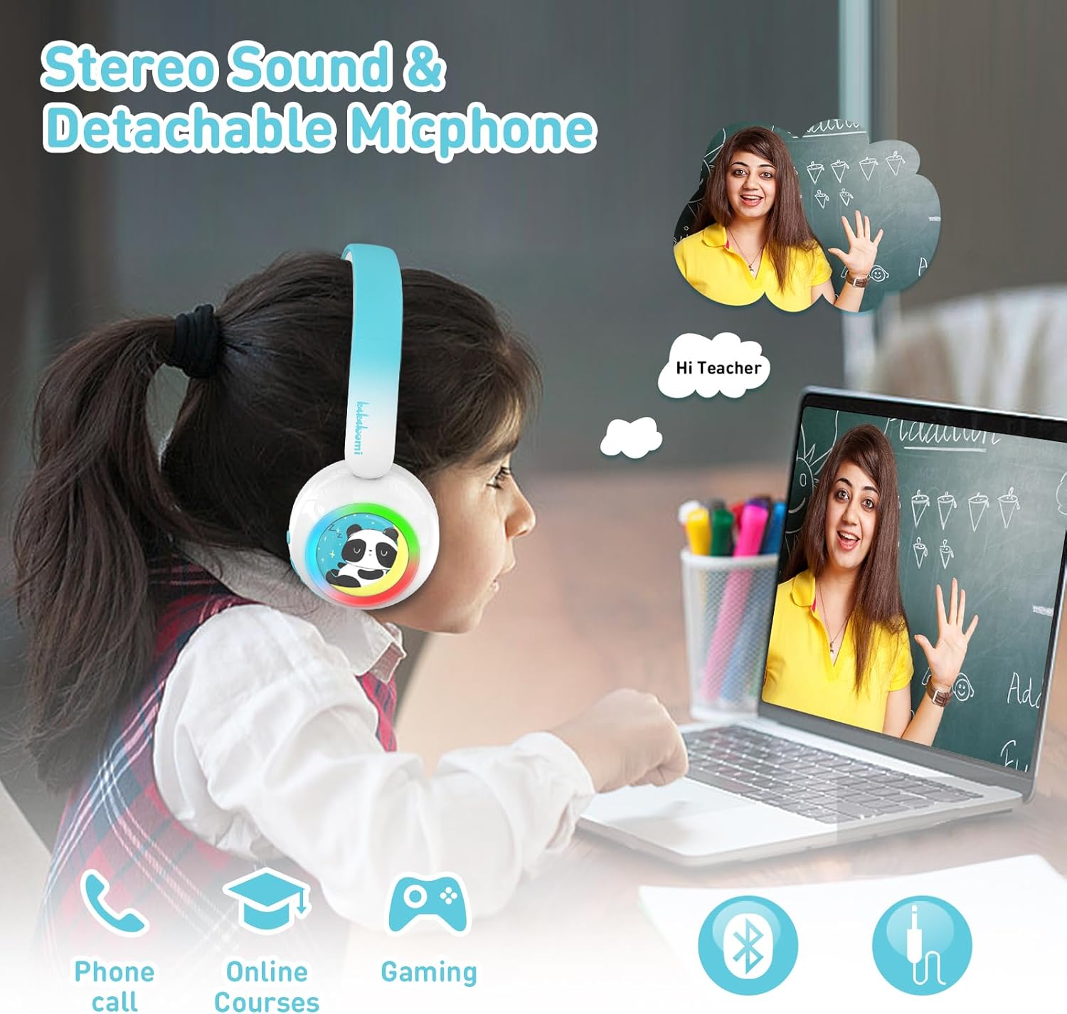 Kids Bluetooth Headphones, Lightweight Wireless Headphones for Kids, 75/85/94dB Volume Limited, Bluetooth 5.4, Over-Ear Toddler Headsets Detachable Mic fot School/Travel/Tablet (Panda)
