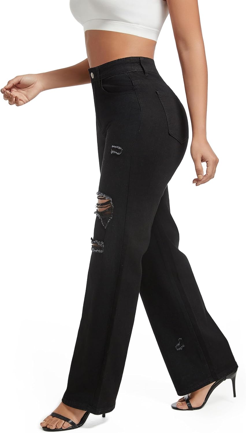 Aodrusa Ripped Wide Leg Jeans for Women Mom Baggy Straight Leg Stretchy Boyfriend Trendy Trouser Denim Pants - Image 3