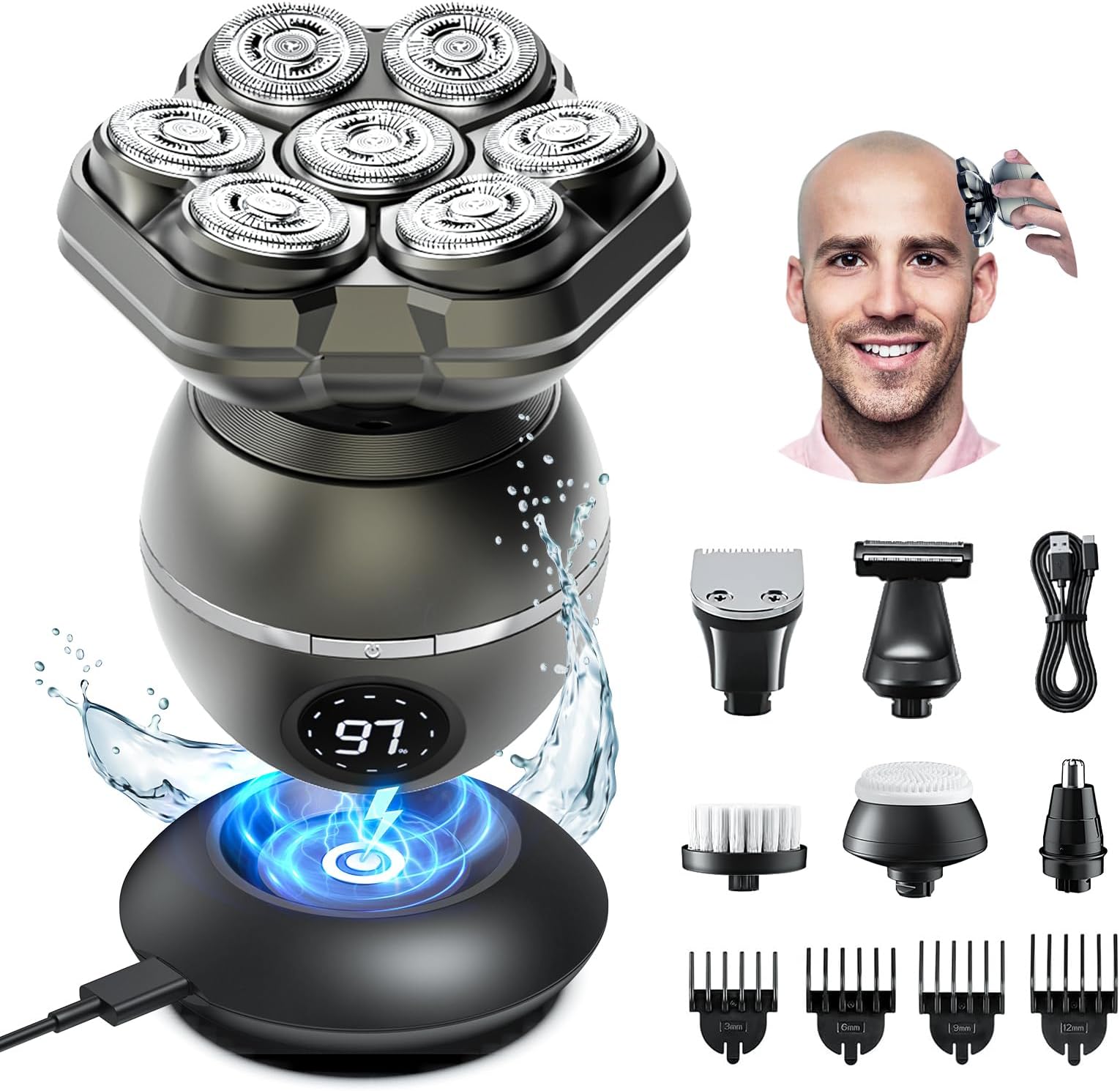 7D Head Shavers for Bald Men: 6 in 1 Detachable Bald Head Shavers - IPX7 Waterproof Wet Dry Electric Razor for Men- LED Display Shaving Grooming Kit with Type-C Charge