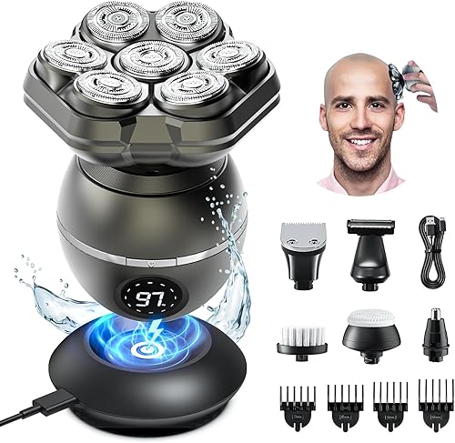 Afeitadoras de cabeza 7D para hombres calvos afeitadoras de cabeza calva desmontables 6 en 1 - Maquinilla de afeitar eléctrica impermeable IPX7 para