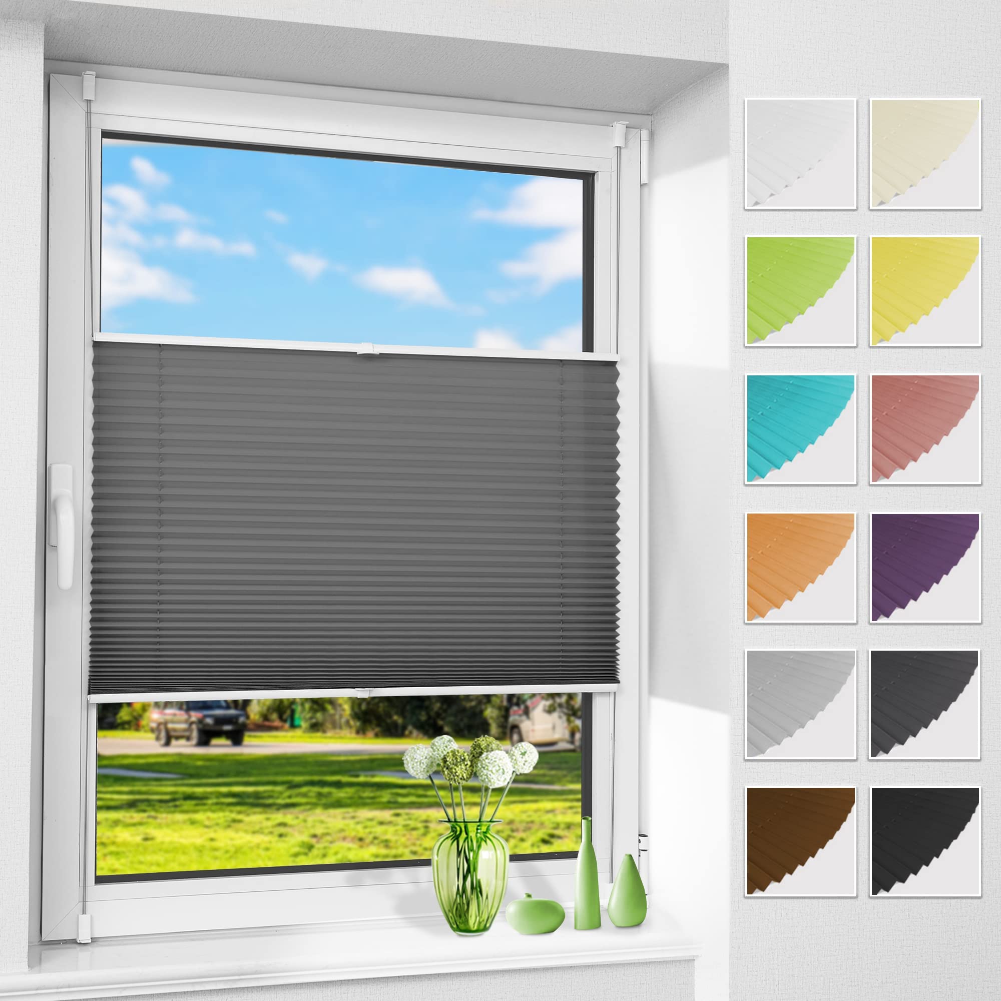 Allesin Plissee ohne Bohren Plissees Klemmfix Anthrazit 85x130cm(BxH), Plisseerollo Faltrollo mit Klemmträger, Jalousie Rollos für Fenster und Tür, Sichtschutz und Sonnenschutz