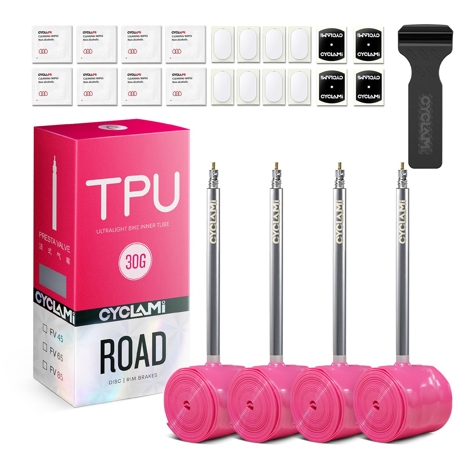 Lot de 4 chambres à air en TPU 700 C, ultra légères 30 g compatibles avec valve Presta en métal 700 x 18/23/25/28/30/32C Valve Presta 85 mm – Pneu de vélo de route en TPU 71,1 cm (avec une