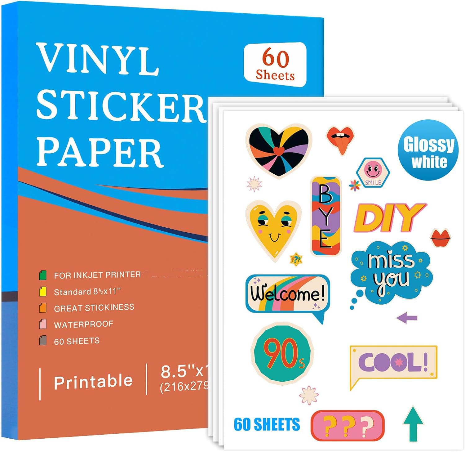 Premium Printable Vinyl Inkjet Stickers -60 Sheets Glossy White 8.5x11 Inch Sticker Paper,Suitable for inkjet printers，Waterproof，Fast Drying Vivid