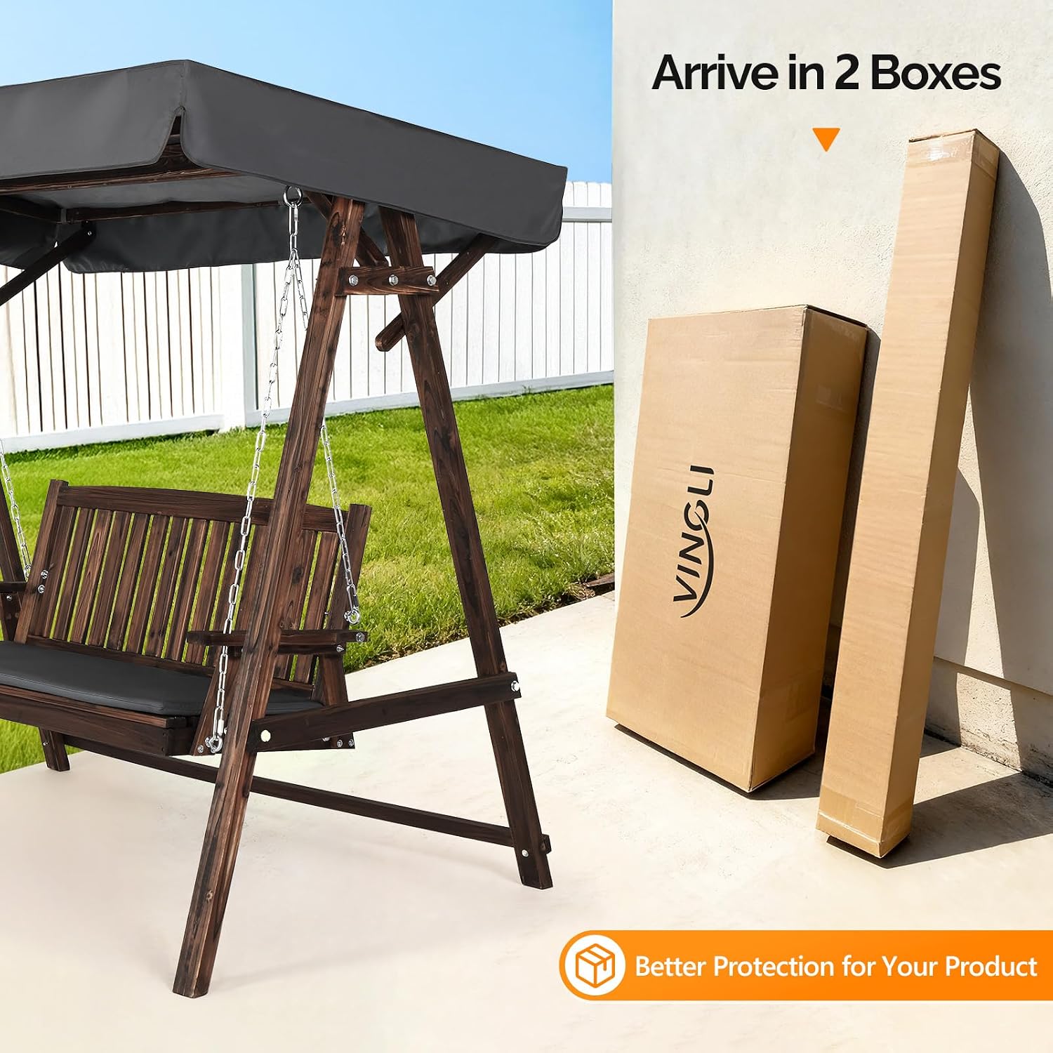 VINGLI 4FT Porch Swing with Stand, Heavy Duty 660 Pounds Wooden Swing & Stand with Canopy, Hanging Swing Chair with Stand for Garden, Patio and Yard (Rustic)