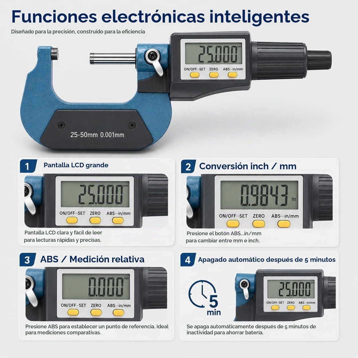 MicróMetro Digital Electrónico LCD, 25‑50mm MicróMetro Exterior Calibre Paquimetro Digital De Alta Precisión Con MéTrica/Pulgada, Herramientas MedicióN De Espesor E Longitud, 0,001mm (0,00005 ")