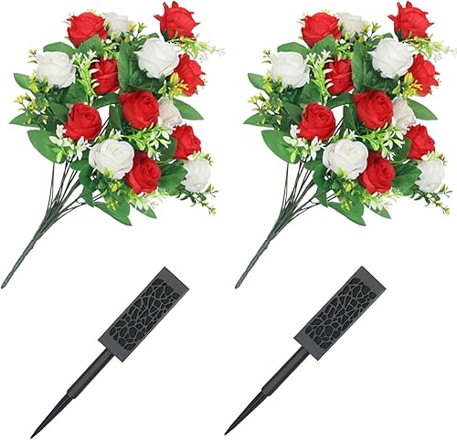Miniatura 3 de Lodou 2 juegos de flores artificiales de cementerio, flores artificiales de cementerio con jarrón, flores conmemorativas, ramo de rosas