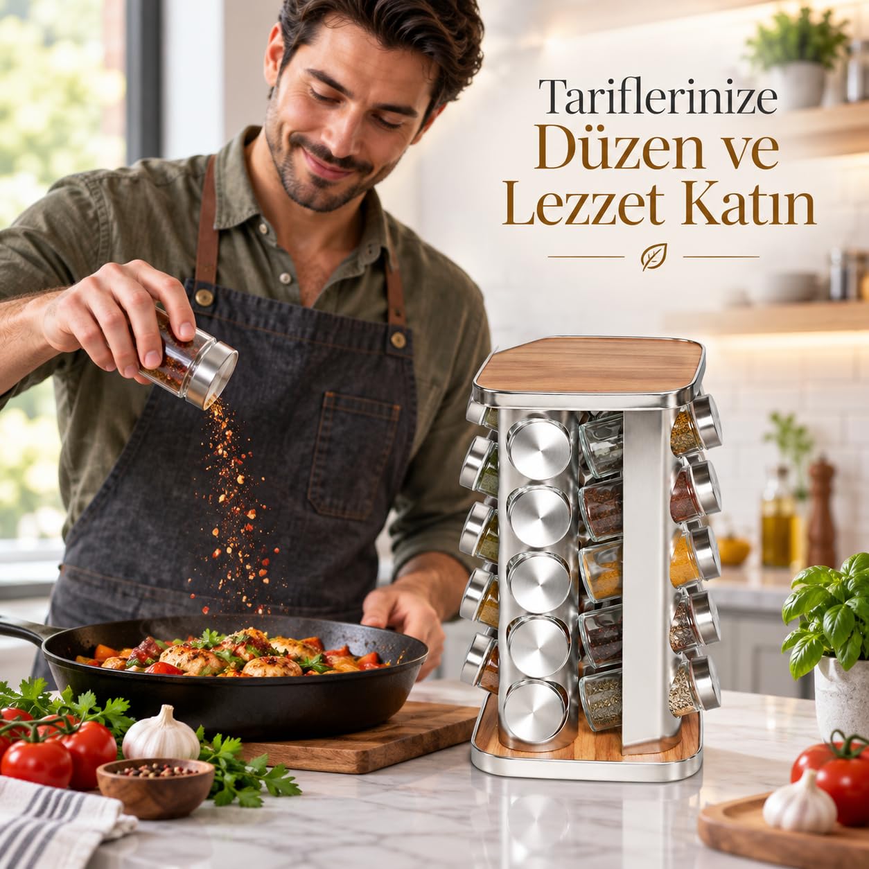 20’li Ahşap Detaylı Döner Baharatlık Seti, Paslanmaz Çelik Gövde, Cam Kavanozlu 360° Döner Stand, Kare Tasarım, Modern Mutfak Organizeri
