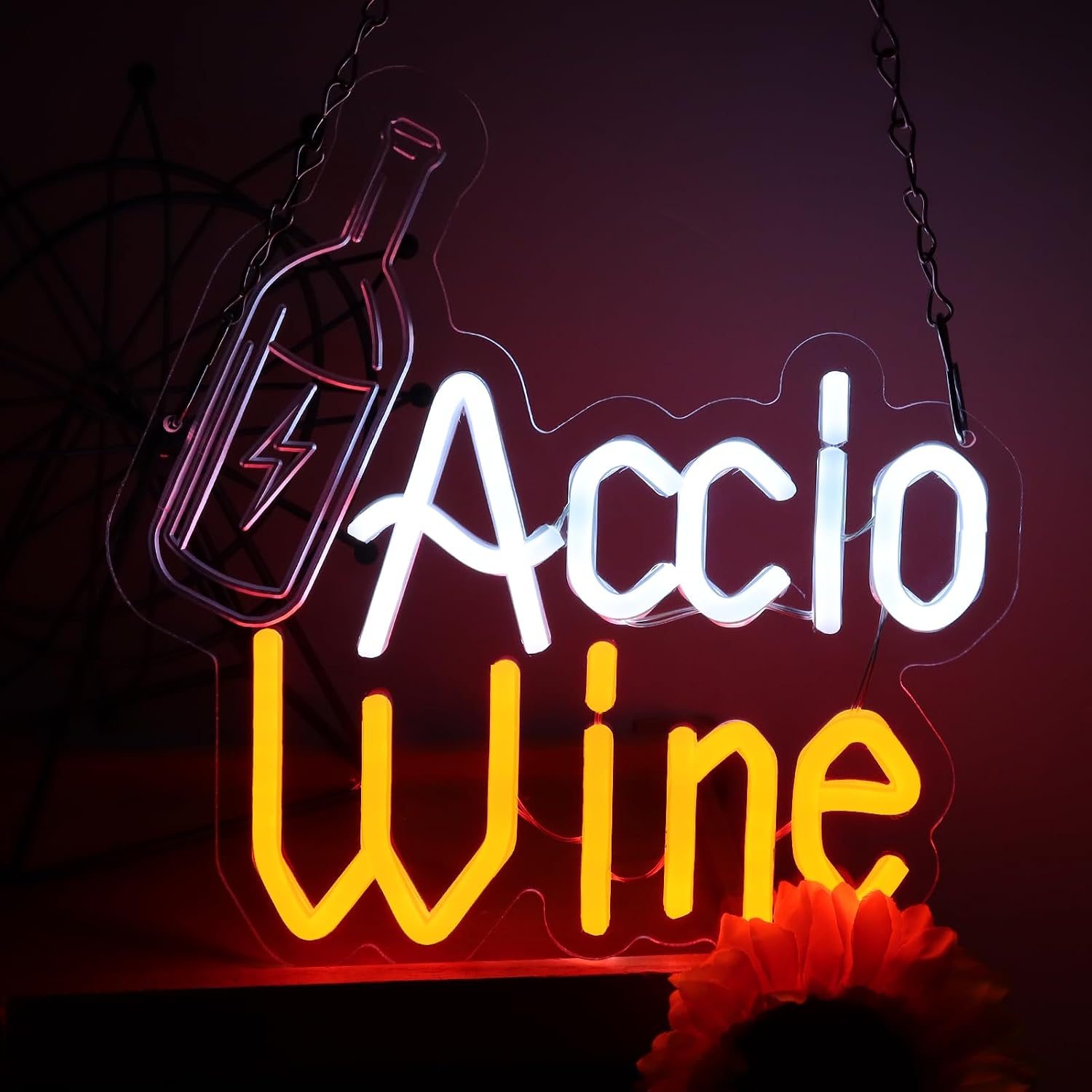 Accio Wine LED Neon Sign, USB Powered, Noiseless, 10x10 Inch, Wine Bottle Design, Multi-Color Wall Decor