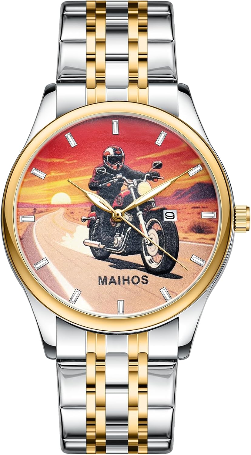 Men’s Watch, Sports Wacth Man Culture Themed Dial, Stainless Steel Casual Wrist Watch for Men, Luminous Hands, Date Display, Water-Resistant Analog with Mixed-Tone Bracelet