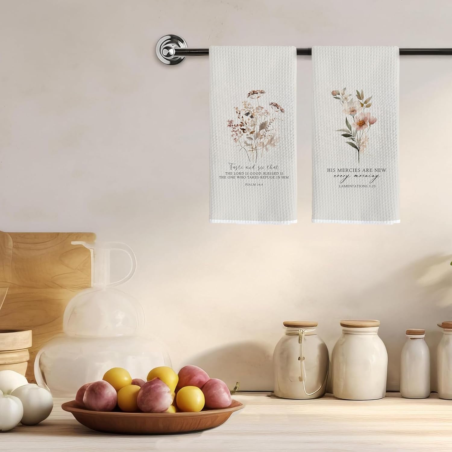 Vintage Boho Floral Christian Kitchen Towels, Inspirational Bible Verse Religious Decorative Hand Towels for Bathroom Kitchen, Christian Dish Tea Towel, 16x24 Inches Set of 2 image 2