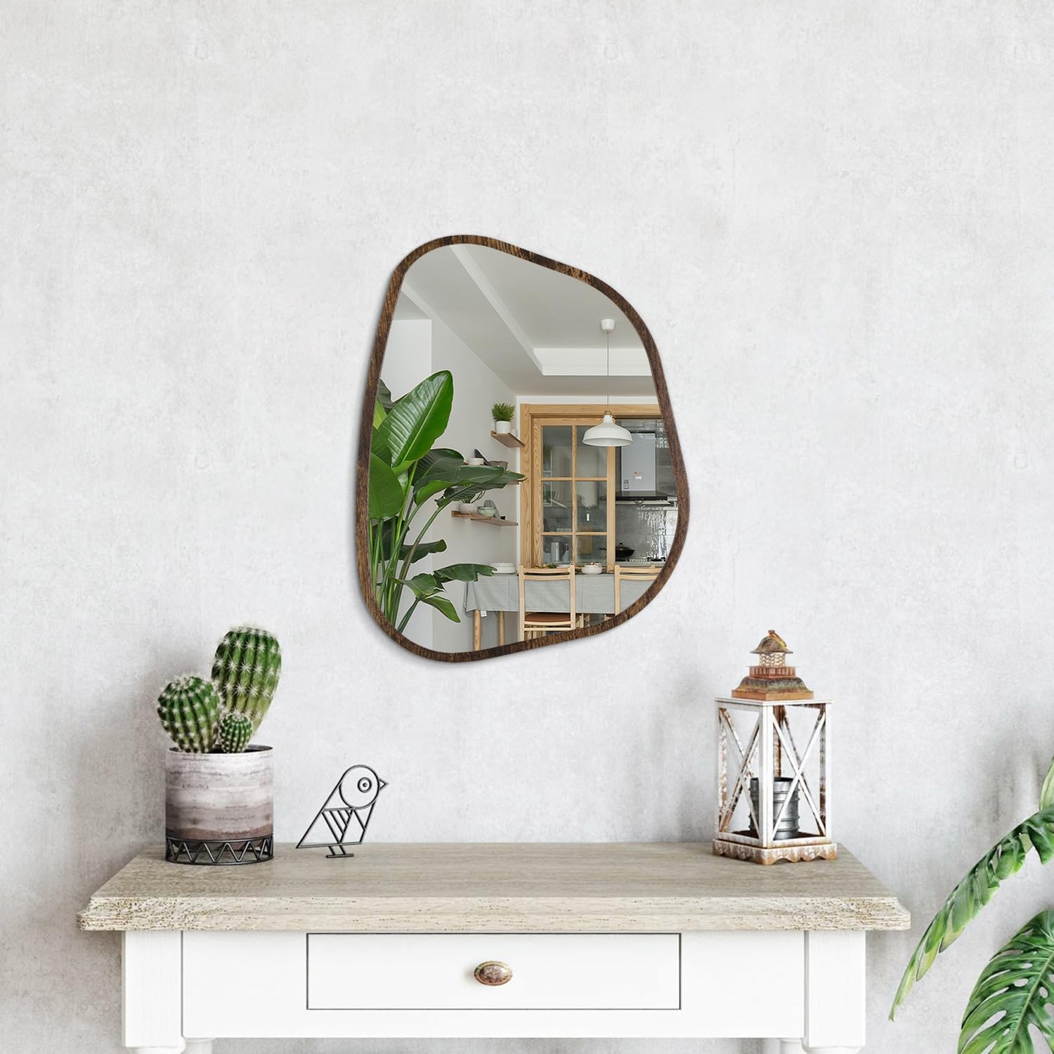 Asymmetrical Accent Mirror for Wall Irregular Oval Wood Frame Modern Unique Wall Mirrors Decorative Boho Vanity Bathroom Living Room Bedroom Entryway Hallway Artistic Wavy Mirror Small 16"x12"