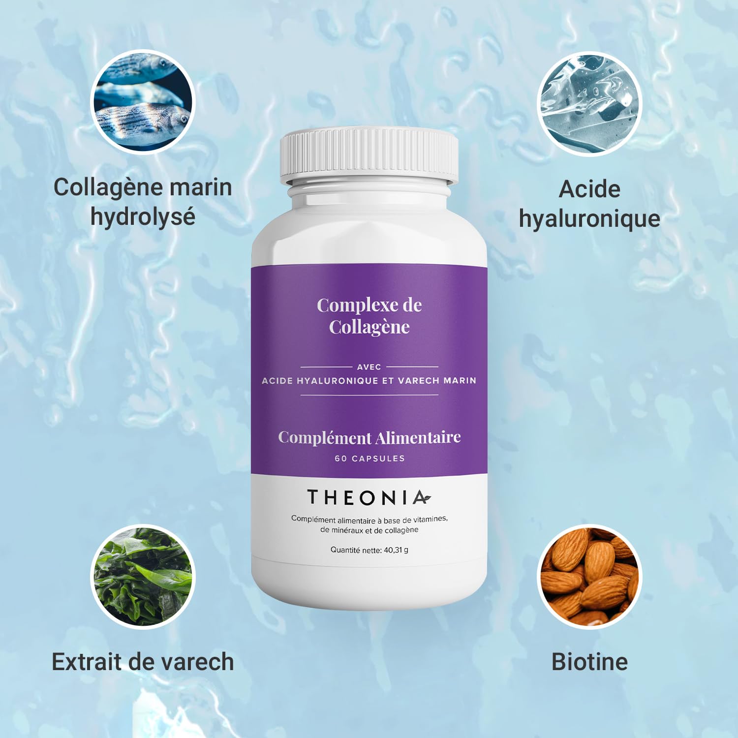 Complexe collagène Theonia 60 capsules, acide hyaluronique & varech marin | vitamine E, C, biotine, ongles sains, peau, métabolisme des articulations des cheveux, supplément marin de type 1