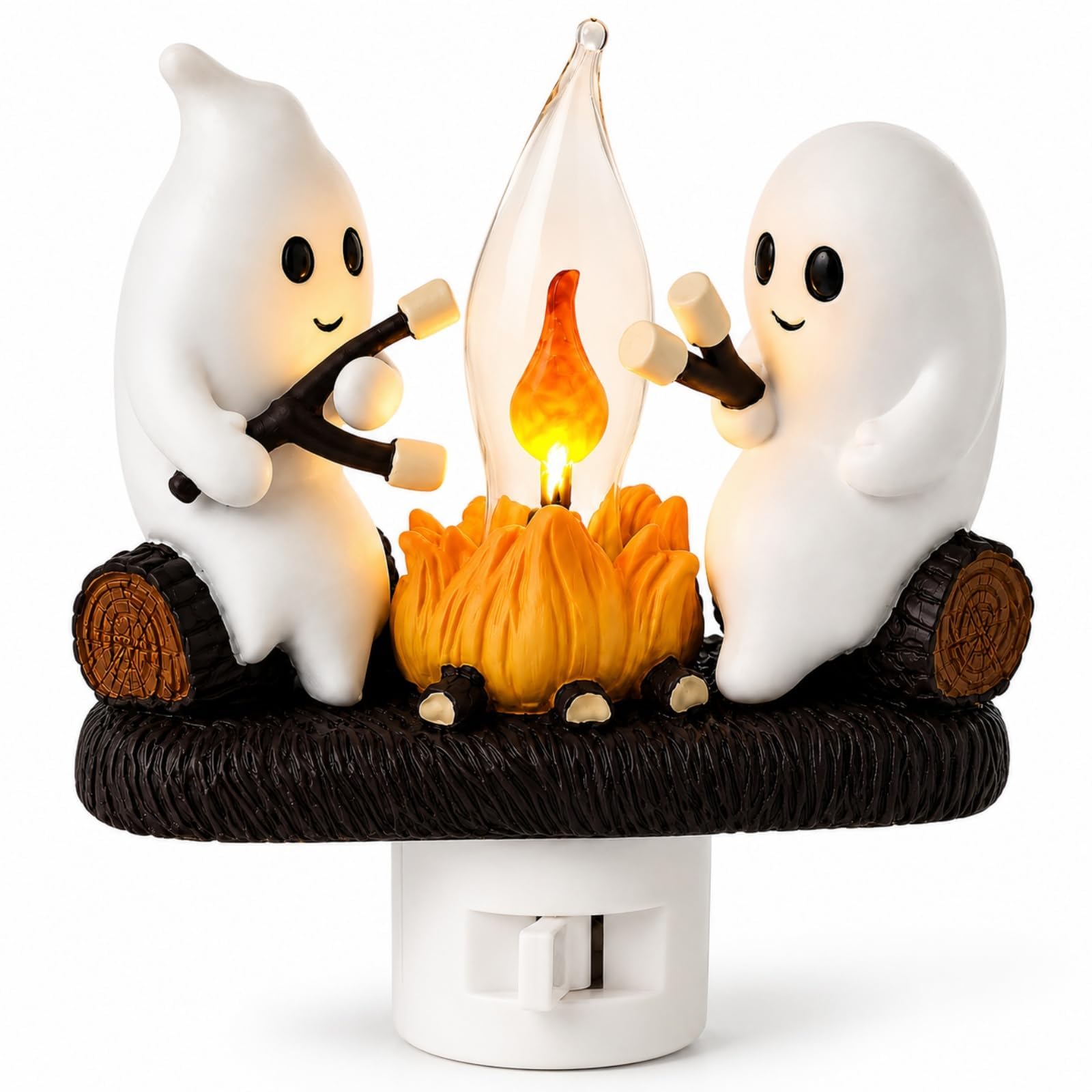 Halloween Ghost Campfire Night Light, Ghost Campfire Halloween Plug-in Wall Flickering Flame Nightlight, 3D Cute Spooky Roasting Marshmallow Ghosts Decoration for Spooky Season Home,Bedroom，GhostA