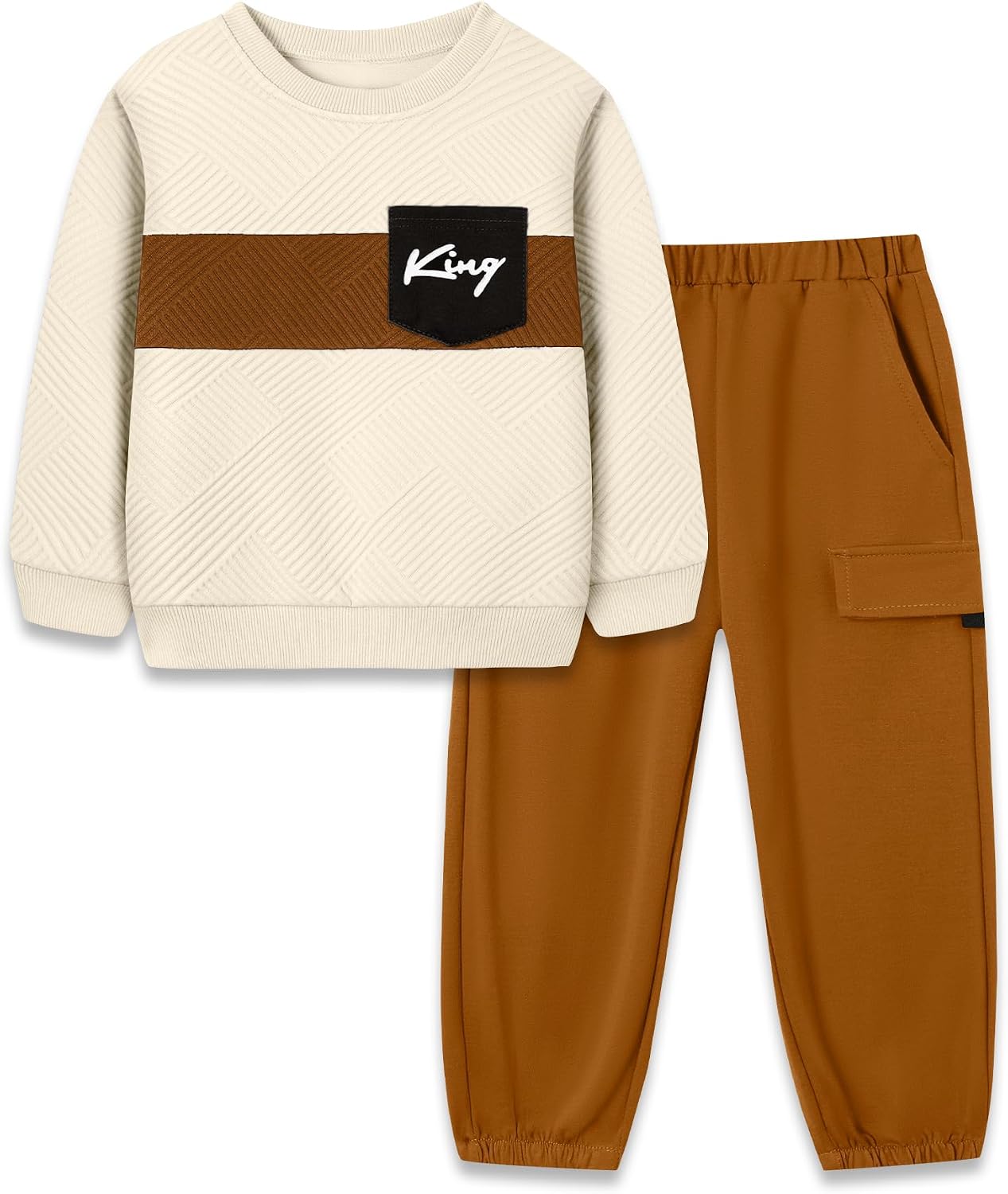 Coco&RARA Boys Clothes Outfits Color Block Sweatshirt + Cargo Pants 2PCS | Long Sleeve, Fall Winter, 2-8 Years Kids Sweatsuit, Elastic Waist with Two Side Pockets, Camouflage