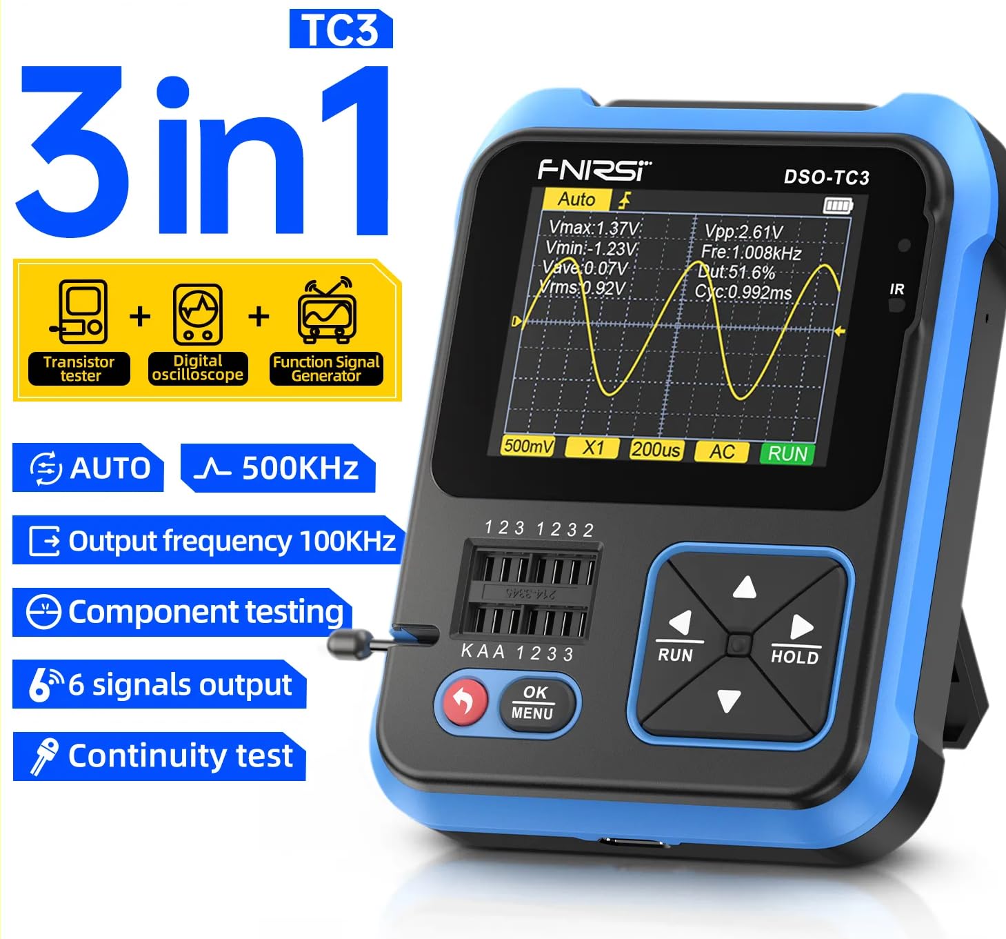 Mini oscilloscopio Fnirsi Fnirsi DSO-TC3 Oscilloscopio digitale Tester per transistor Funzione Generatore di segnali Tester per componenti elettronici multifunzione 3 in 1
